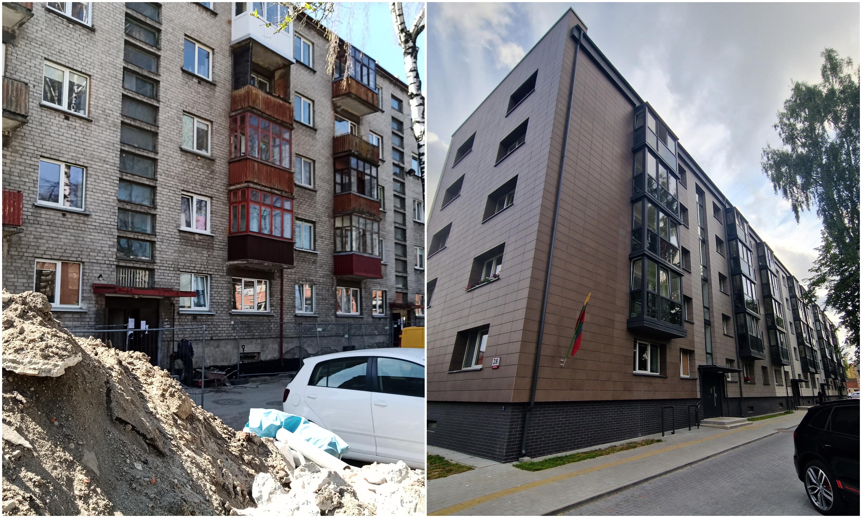 Kontrastas: dar visai neseniai J. Janonio gatvės 28 namas priminė gilų sovietmetį, po atnaujinimo vaizdas pasikeitė neatpažįstamai.