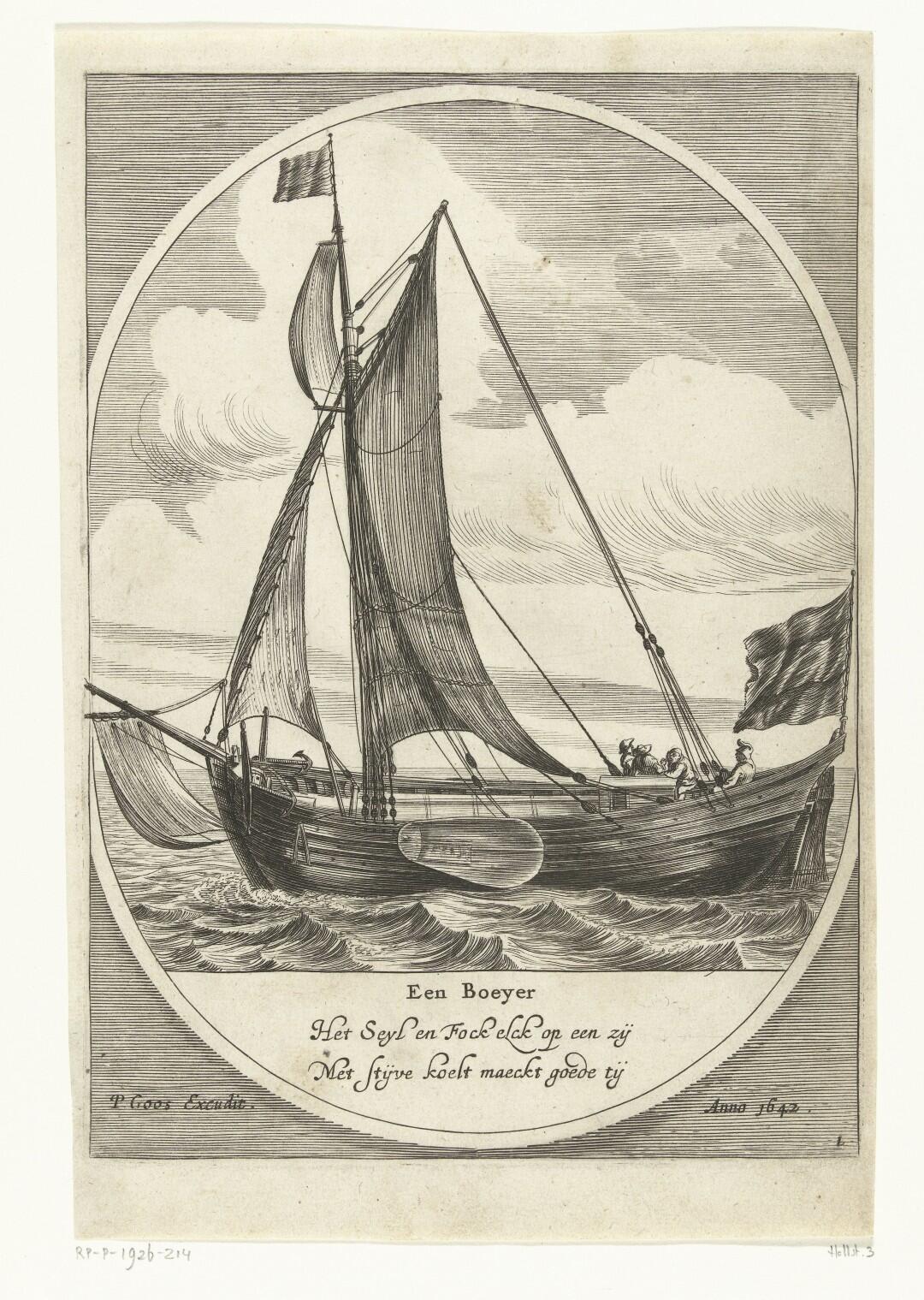 Olandų prekybinis laivas (Een Boeyer). Autoriai Dirk Eversen Lons (1600–1686) ir Pieter Goos (1616–1675). 1642 m. Nr. RP-P-1926-214, Amsterdamo valstybinis muziejus (ol. Rijksmuseum). 