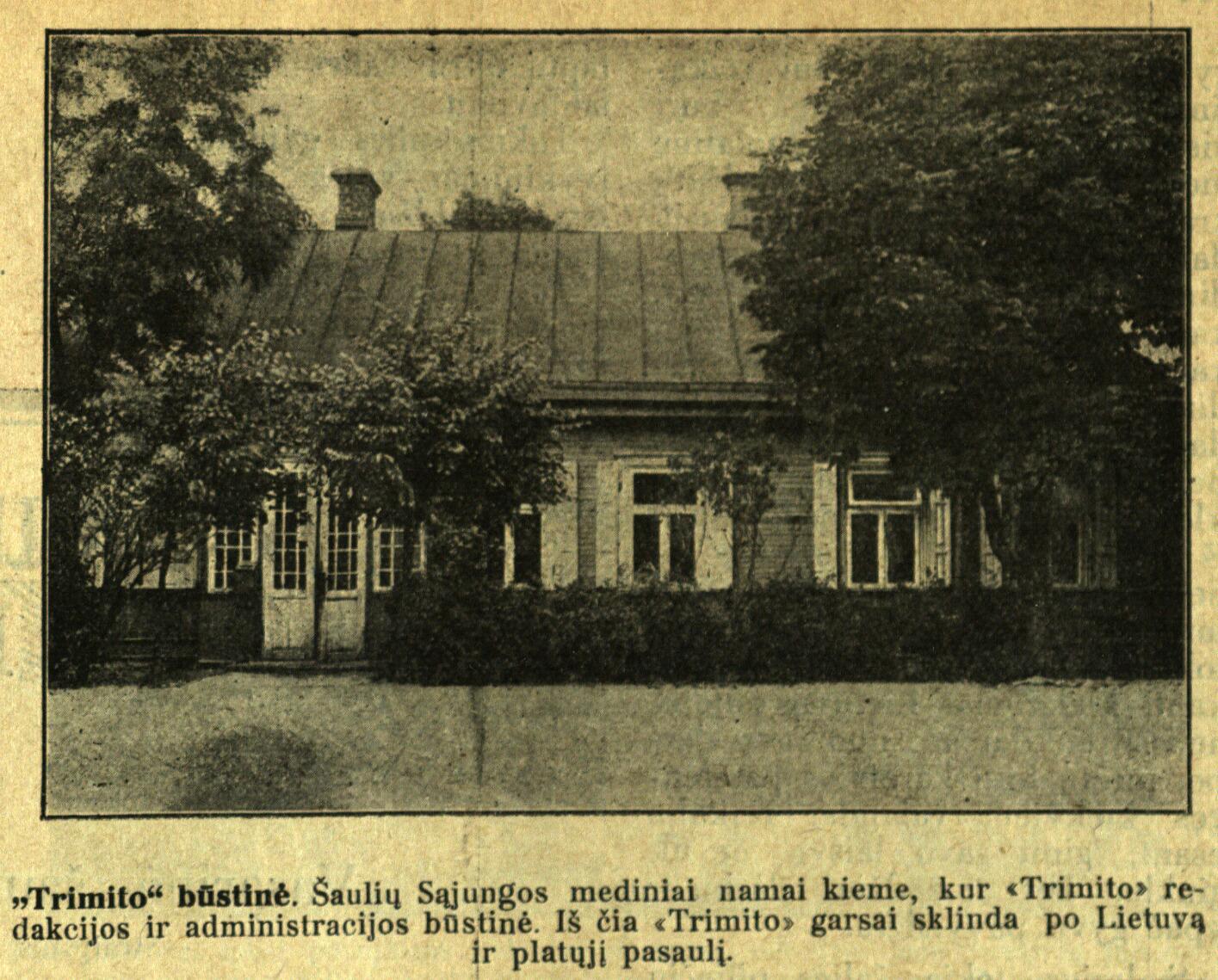 „Trimito” būstinė: [namas Laisvės al. 20, kieme, kuriame 1927–1936 m. buvo LŠS žurnalo „Trimitas“ redakcija ir administracija. XX a. 3 deš. nuotr.]