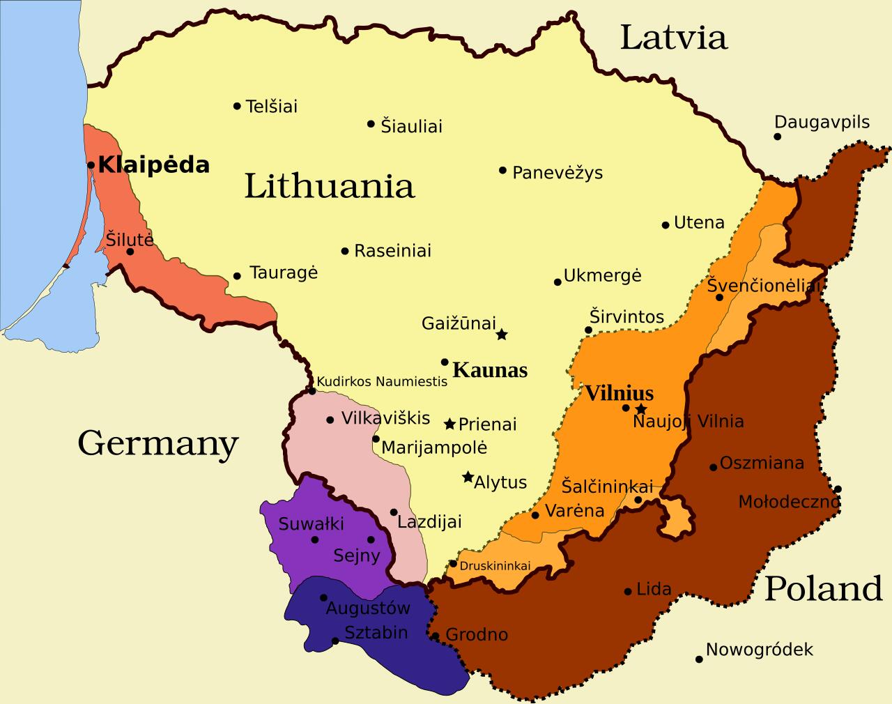 Dalijama: 1939–1940 m. Lietuvos žemėlapis. Vilniaus kraštas pažymėtas ruda ir oranžine spalvomis, blyškia violetine spalva – teritorija, kurią vokiečiai pardavė sovietams už 7,5 mln. aukso dolerių.