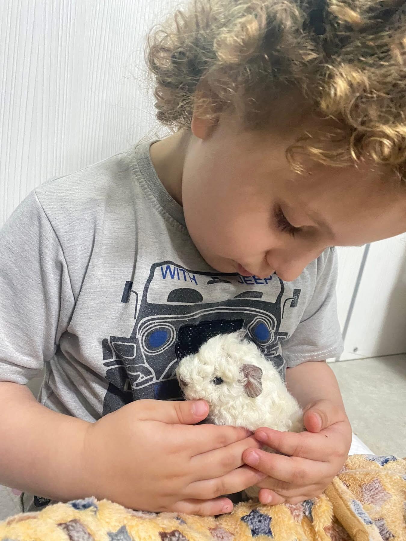 Atsargumas: dukrytė Kristina myluoja kelių dienelių dar bevardį kiauliuką. Juos į rankas vaikams duoti rekomenduojama tik tada, kai vaikas saugiai pats atsisėda ant žemės.