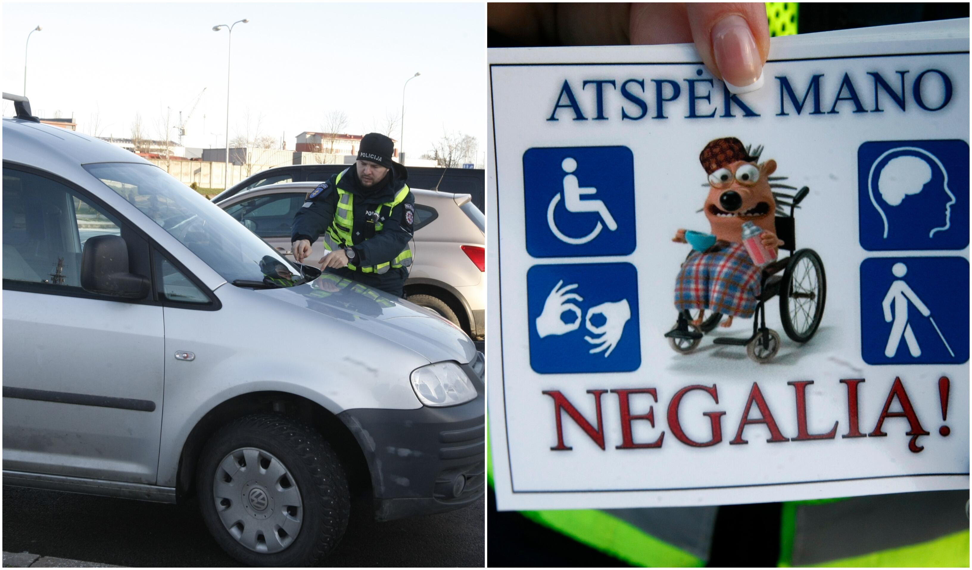 Prevencija: pareigūnai užėmusiuosius neįgaliųjų automobiliams skirtas vietas įspėja gėdinančiais lipdukais.