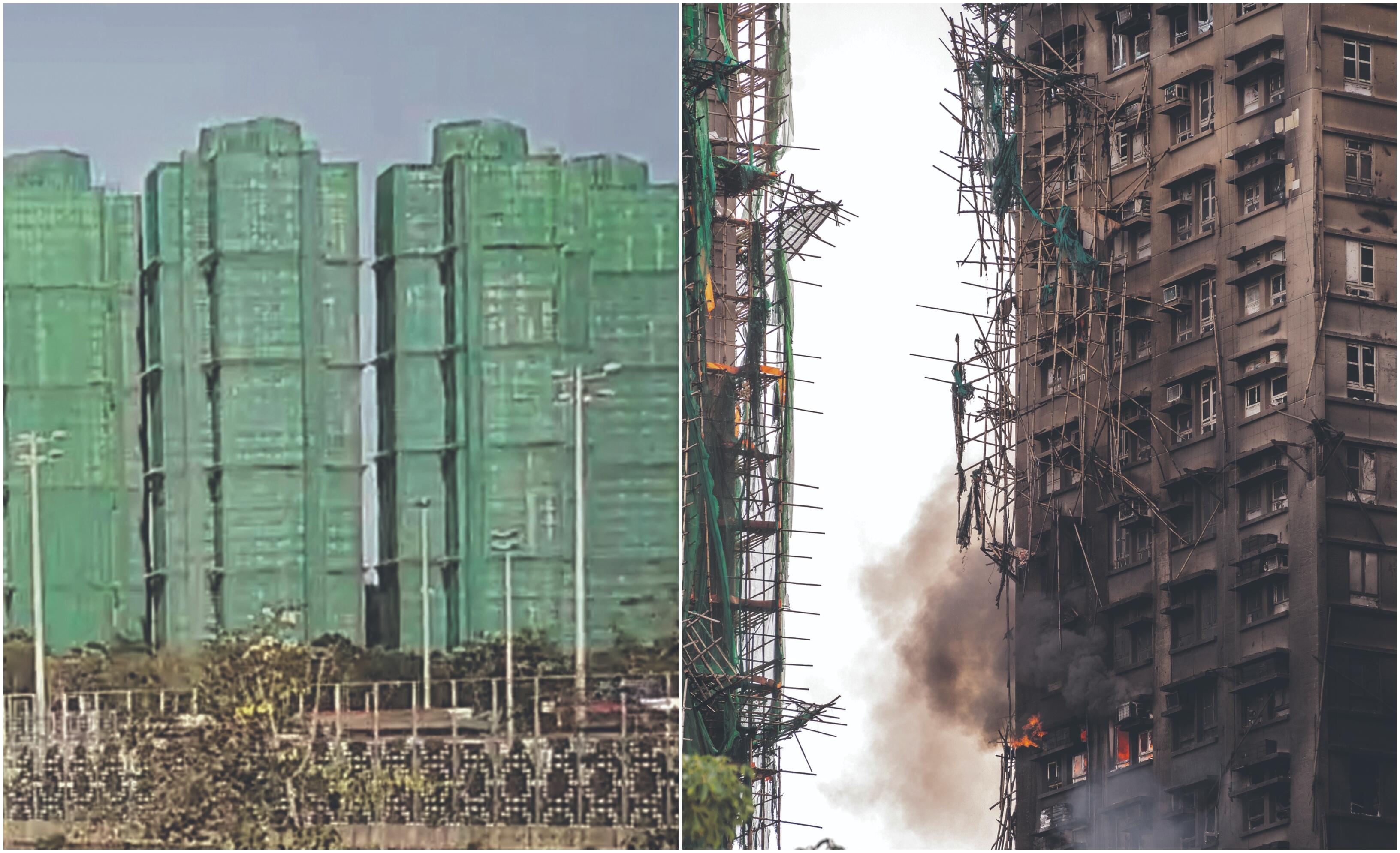 Pavojus: žalias tinklas, kuriuo buvo apgaubti „Wang Fok Court“ dangoraižiai, veikiausiai nebuvo nedegus, todėl padėjo ugniai išplisti po visą kompleksą.