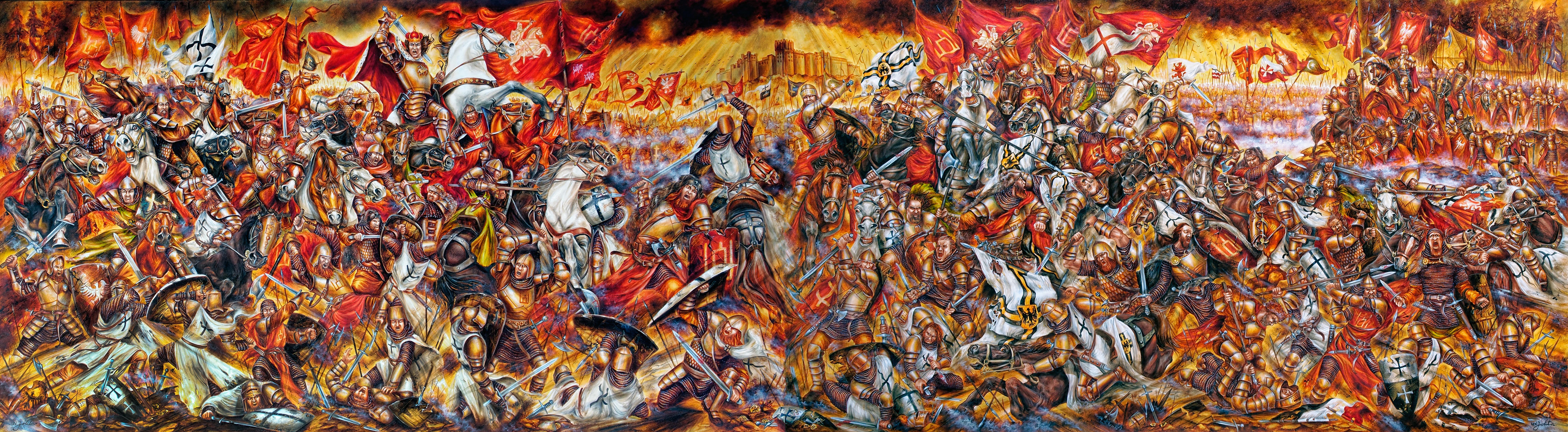 Monumentalu: J. Levčenkienės triptiko „Diena, pakeitusi istoriją“ fragmentas – „Kova“. Kiekvienas paveikslas yra 130 cm aukščio ir 420 cm ilgio.