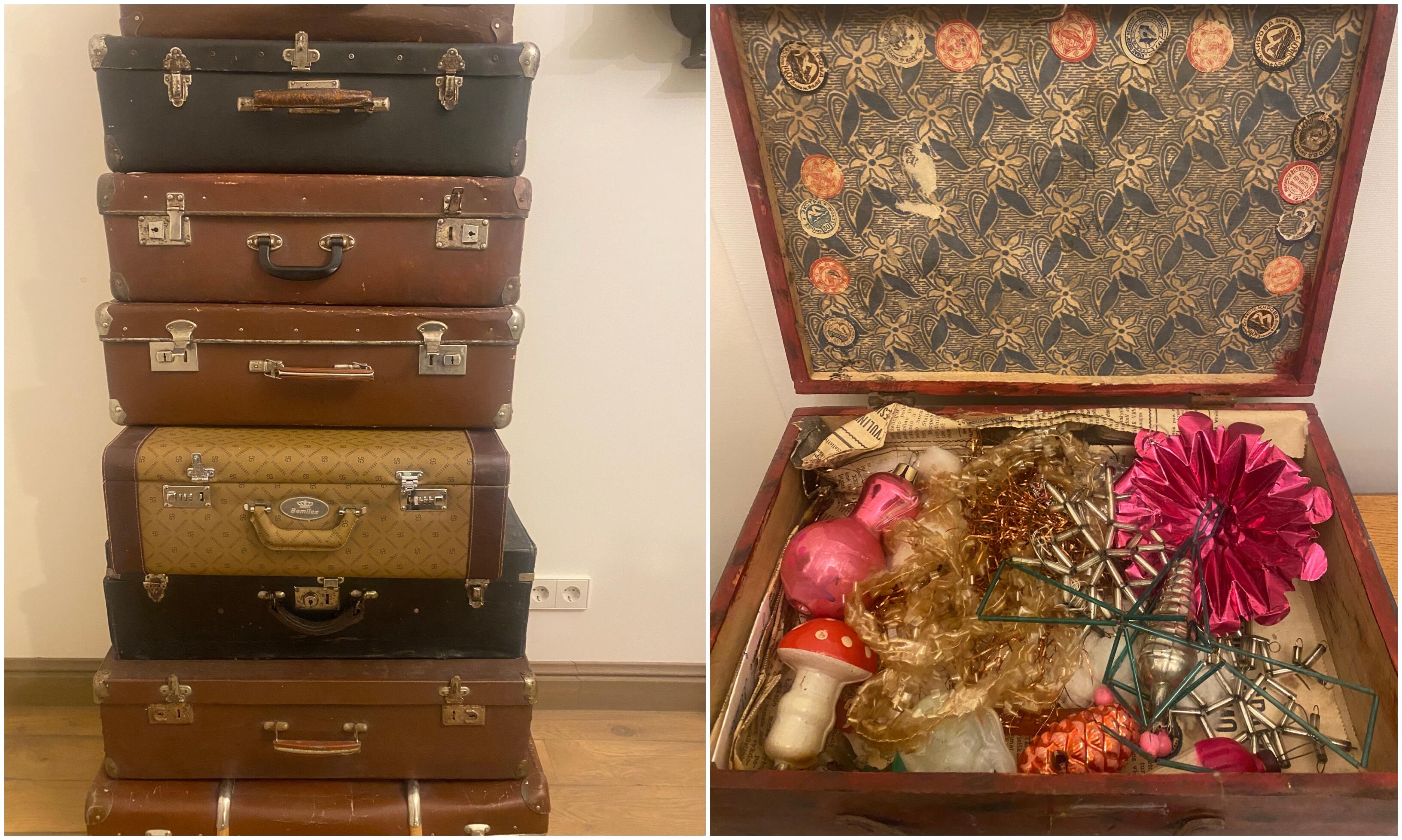 Piramidė: keliolika senovinių lagaminų kupini tokių pat senų ir labai vertingų eglutės puošmenų. 