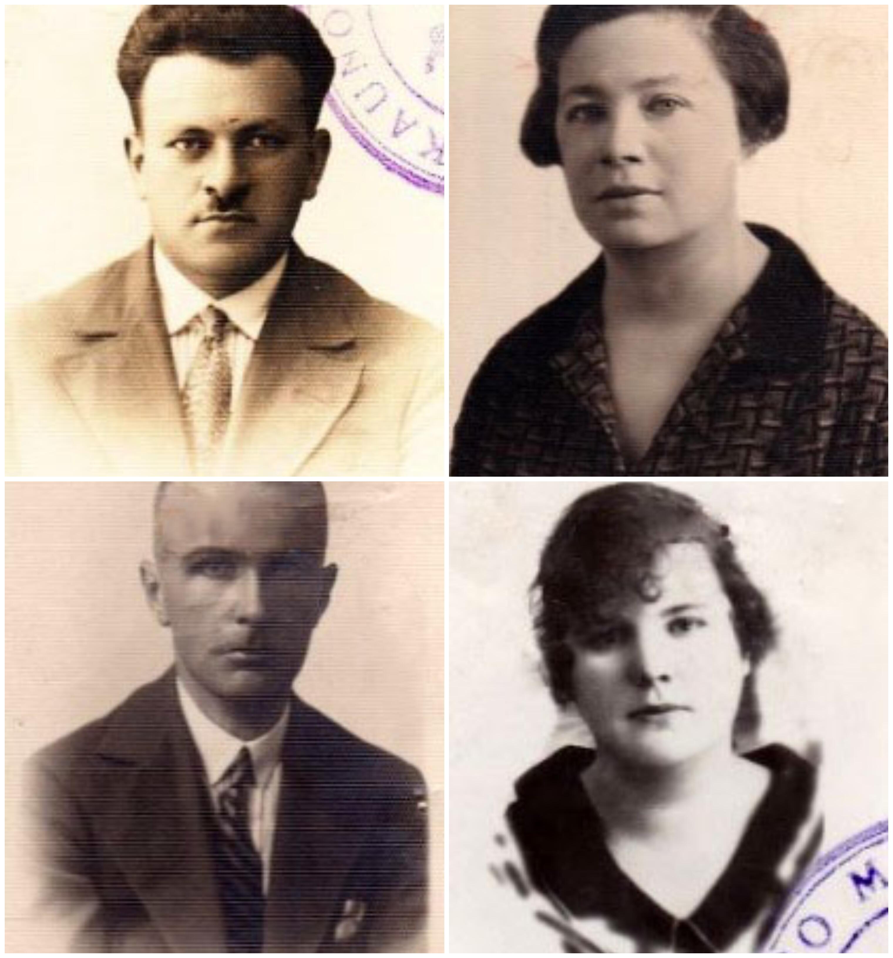 Iš kairės: E. Geras, g. 1892 m. Varšuvoje.; E. Navrockaitė-Nikiforienė, g. 1890 m. Bobruiske; V. Kavaliauskas, g. 1894 m. Panevėžyje; ; E. Bruntonaitė-Kavaliauskienė, g. 1896 m. Piatigorske.