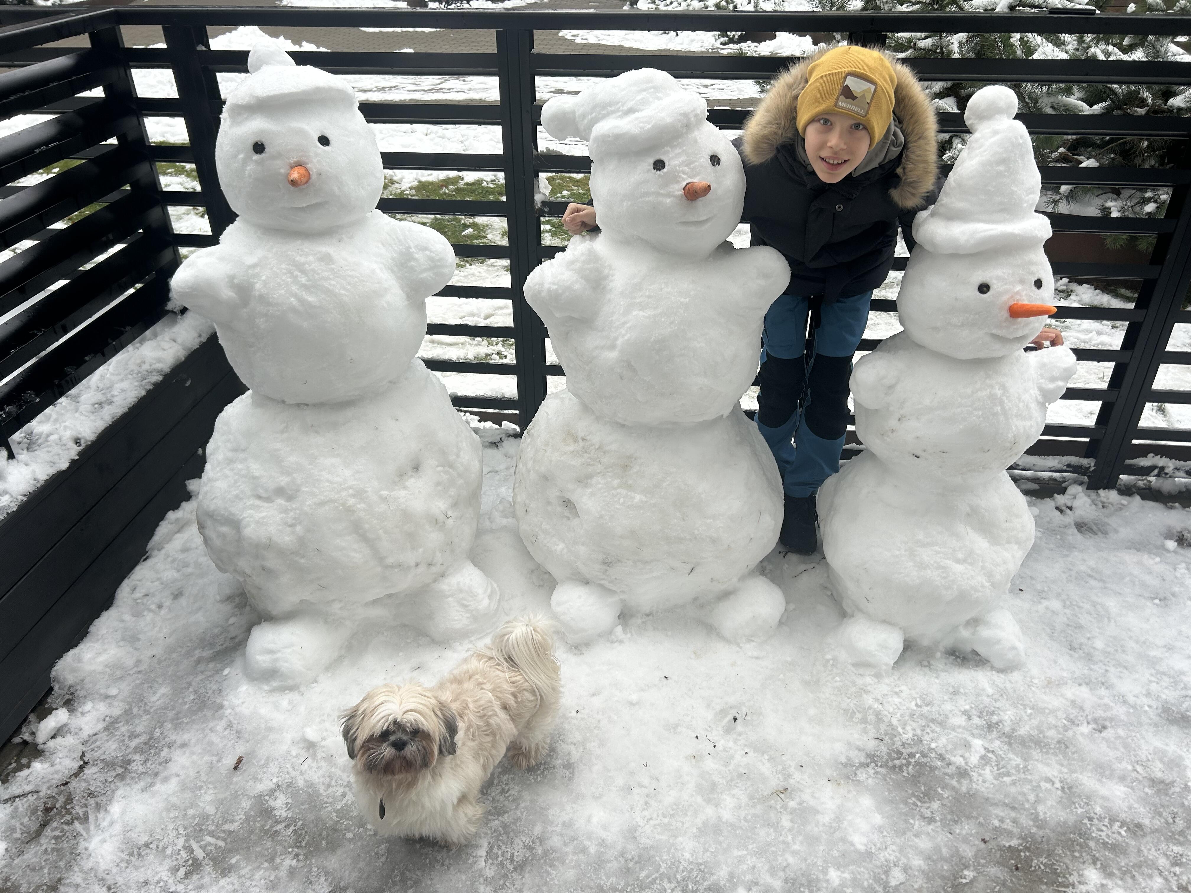 Darbštuolis: iškritus pirmajam šių metų sniegui, Jokūbas spėjo nulipdyti visą savo šeimą, tiesa, besmegenių pavidalu. Augintiniui Dipsiui patiko.