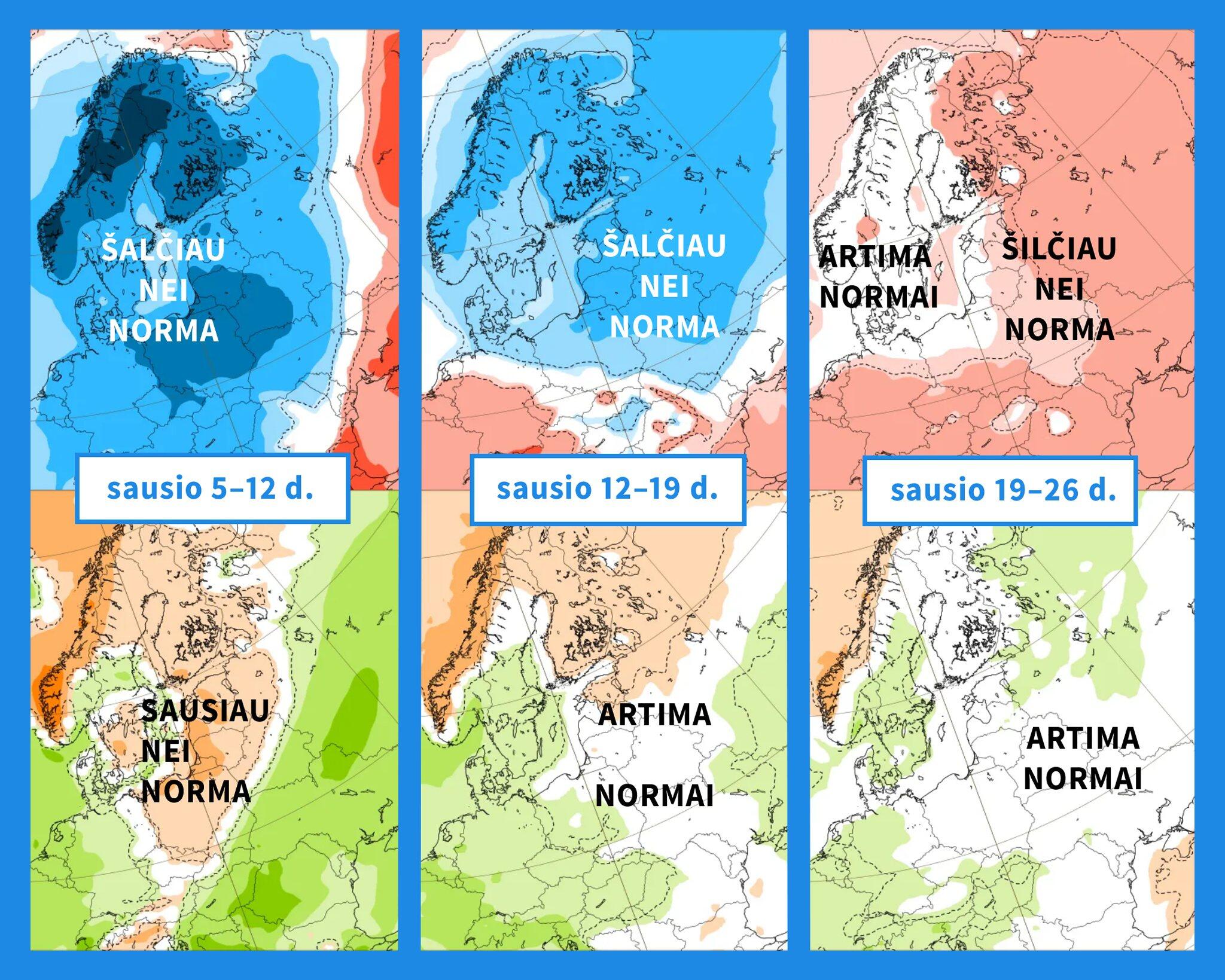 Žemėlapiuose: ECMWF modelio oro temperatūros (viršuje) ir kritulių kiekio (apačioje) anomalijų prognozės artimiausioms savaitėms.