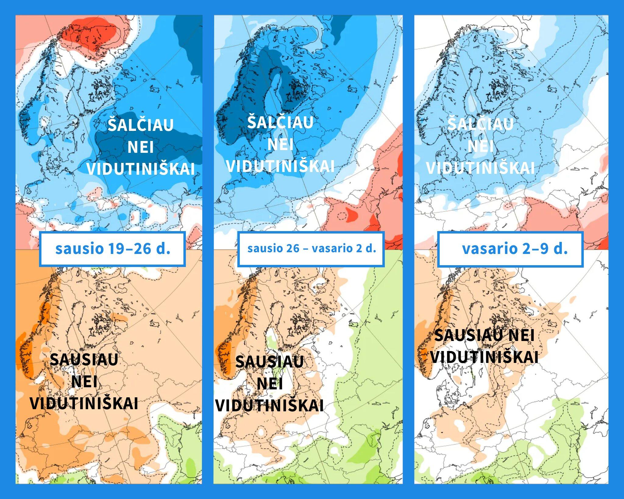 ECMWF modelio oro temperatūros (viršuje) ir kritulių kiekio (apačioje) anomalijų prognozės artimiausioms savaitėms.