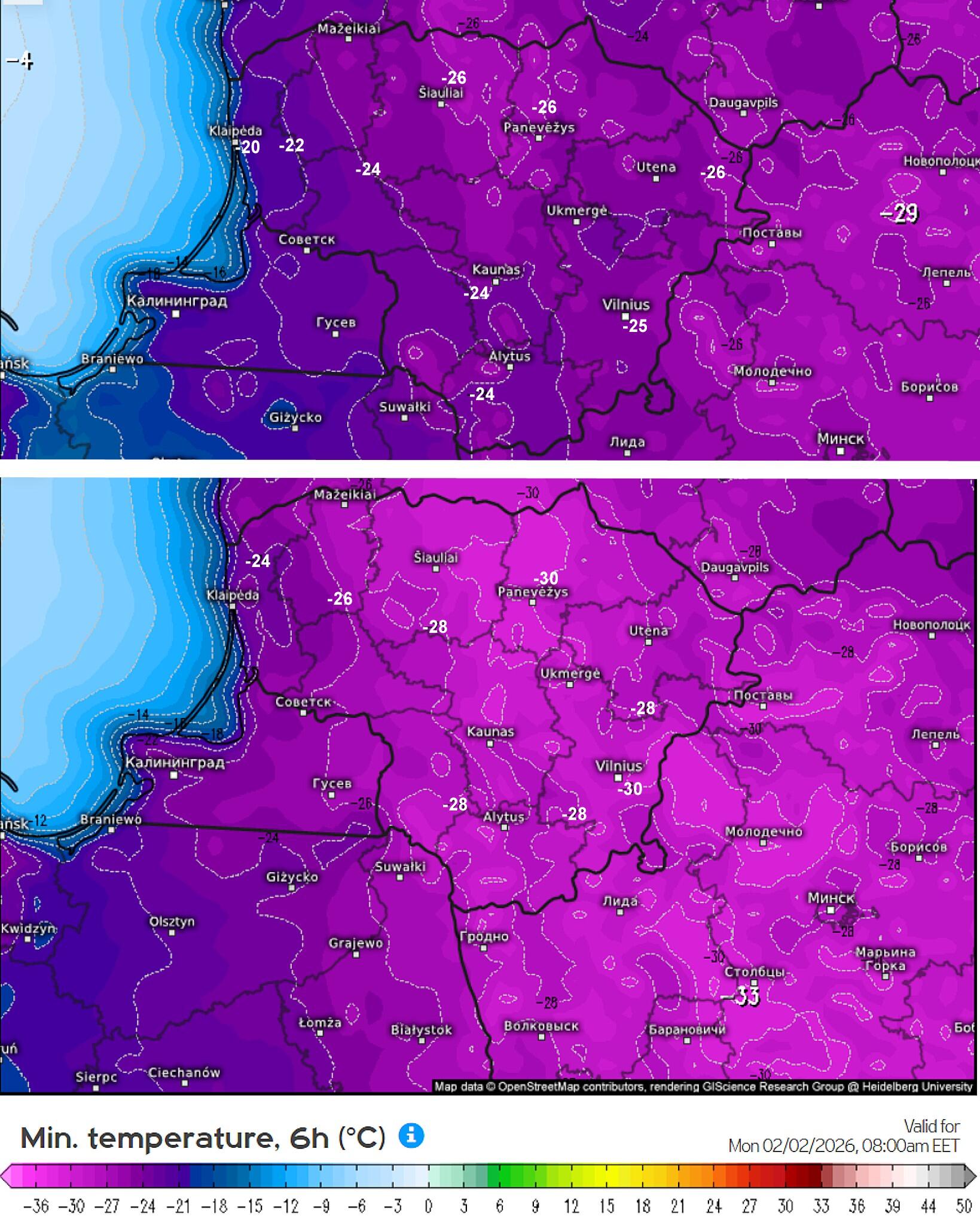 Žemėlapiai – meteologix. ECMWF orų modelio skaičiavimas sekmadienio (viršuje) ir pirmadienio (apačioje) nakčiai/rytui.