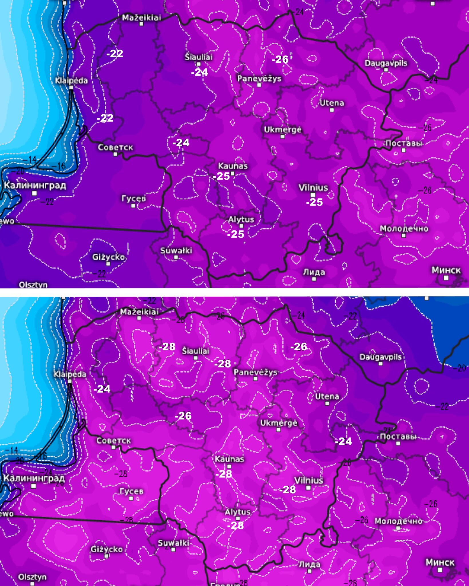 Žemėlapiai – meteologix. ECMWF orų modelio skaičiavimas sekmadienio (viršuje) ir pirmadienio (apačioje) nakčiai/rytui.