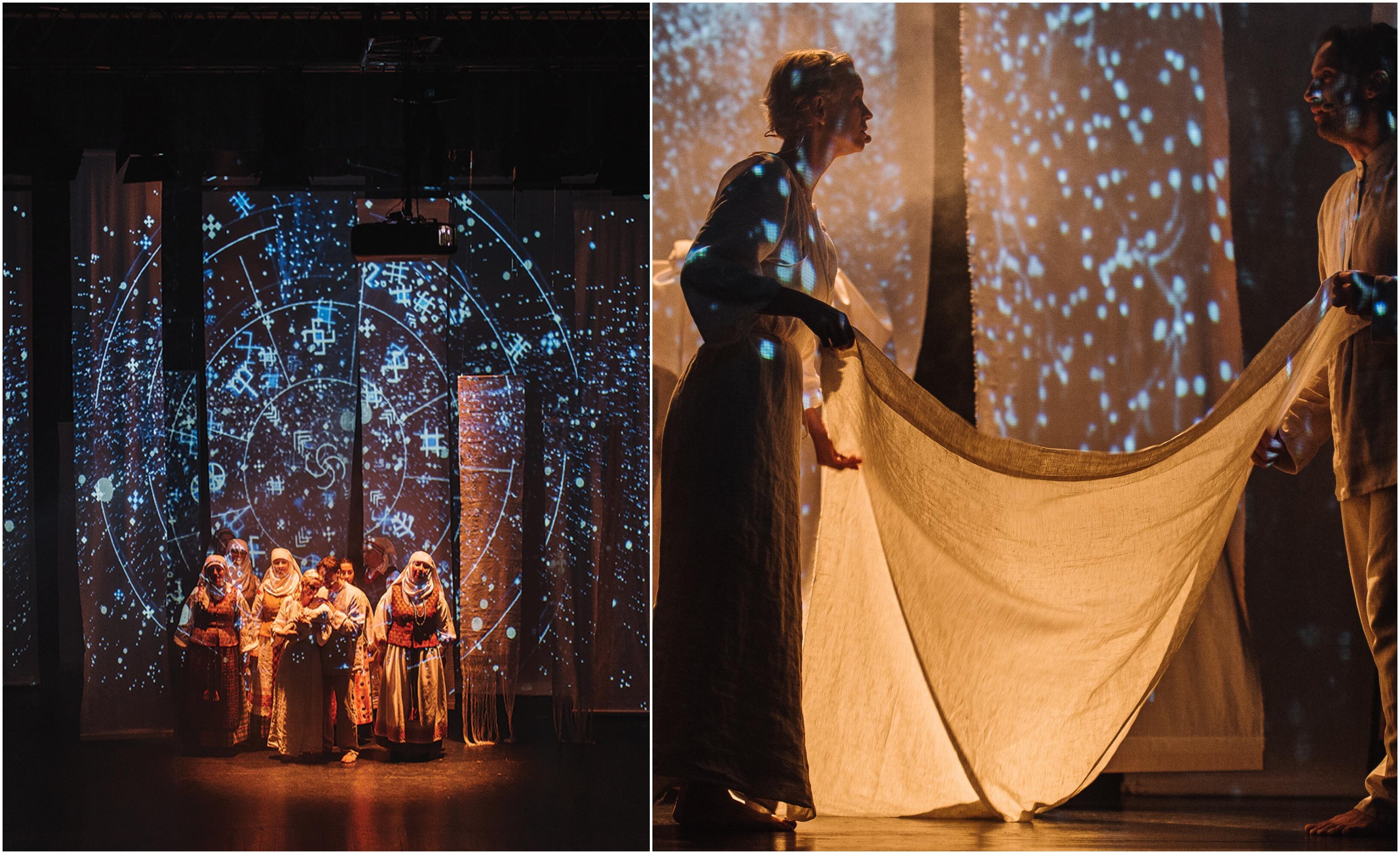 Scenoje: „Skambančių raštų“ teatralizuota misterija Kauno kultūros centre (režisierius T. Erbrėderis, aktoriai R. Endriukaitis ir I. Endriukaitė bei folkloro ansamblis „Viešia“).