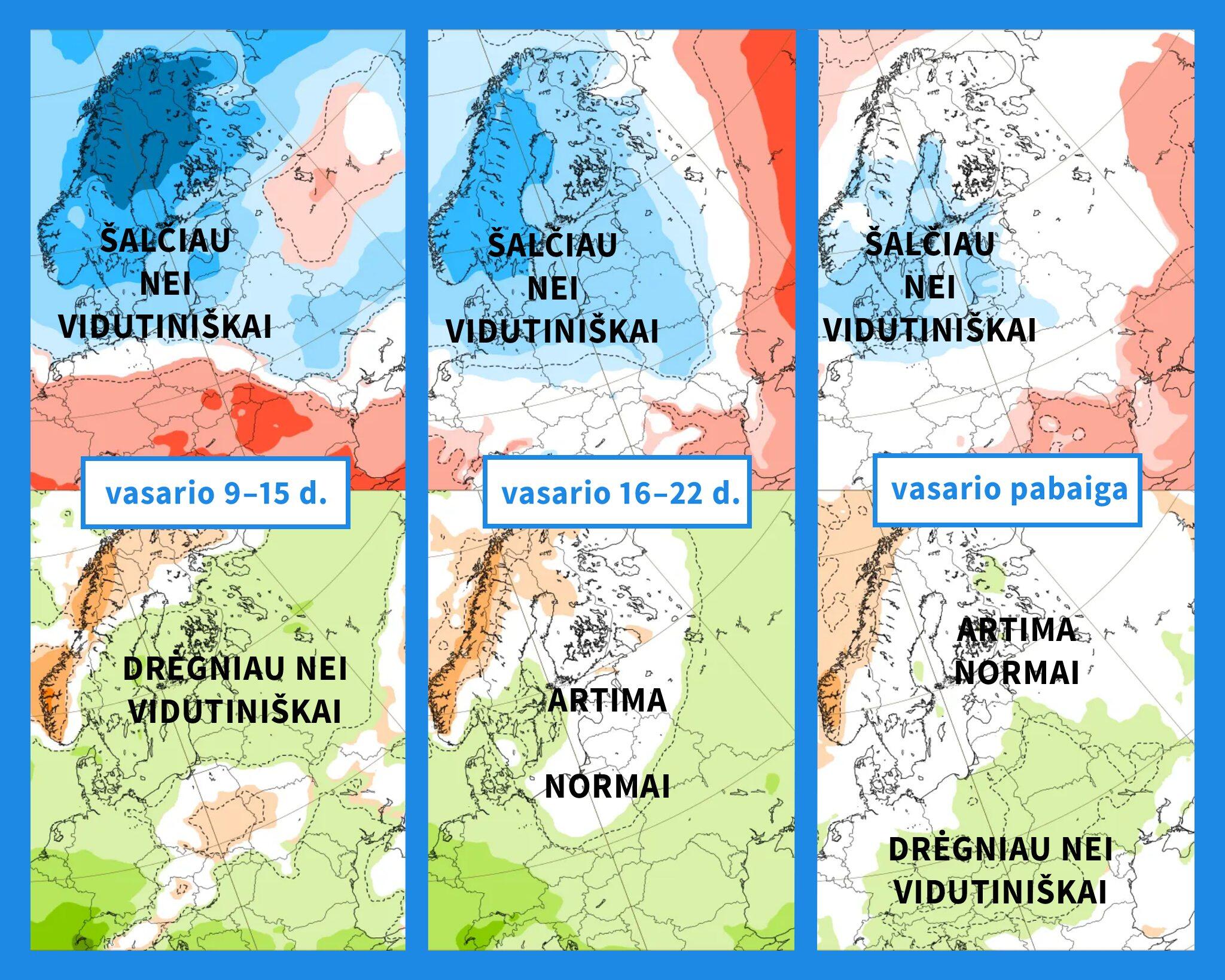 Žemėlapiuose: ECMWF modelio oro temperatūros (viršuje)  ir kritulių kiekio (apačioje)  anomalijų prognozės artimiausioms savaitėms.