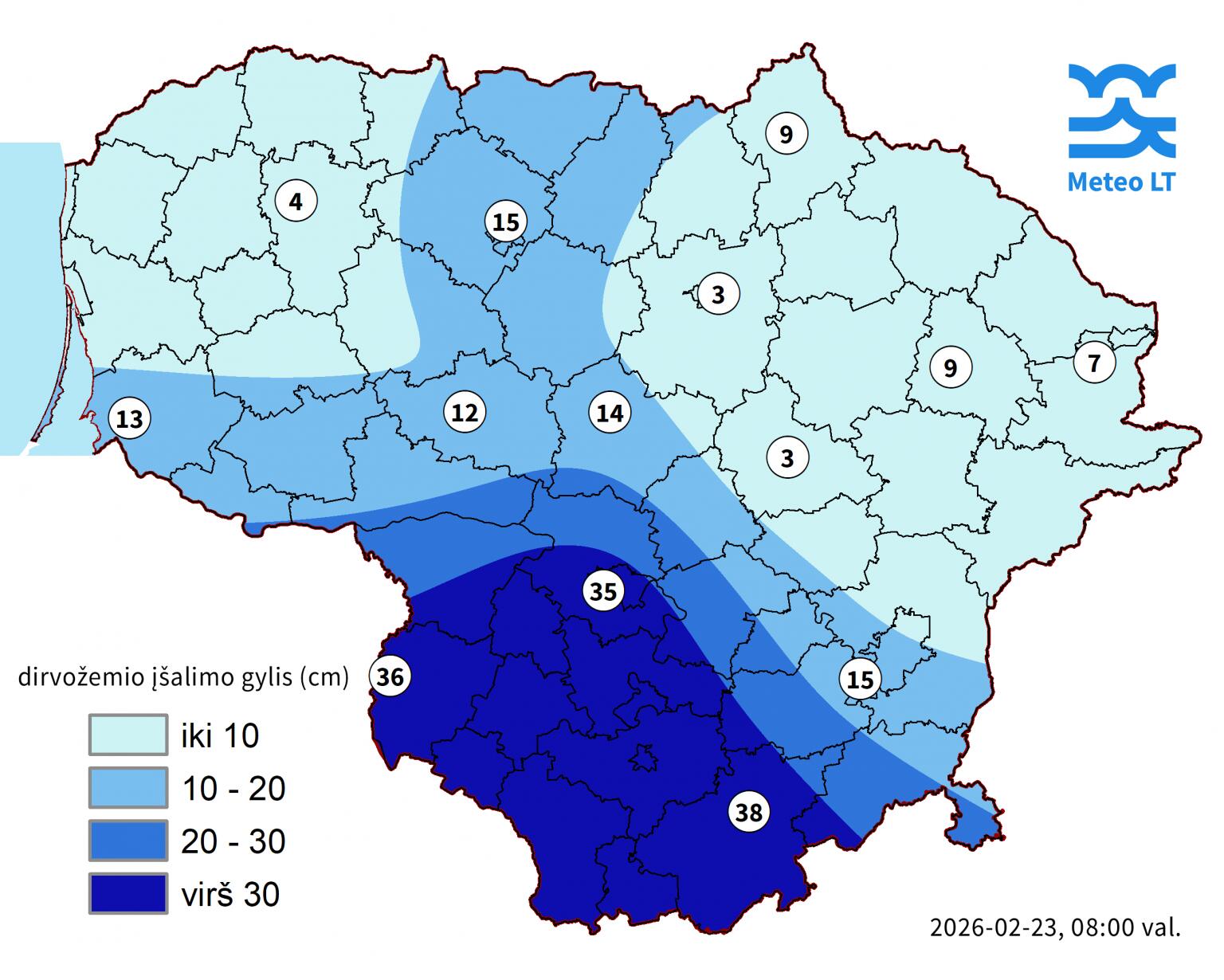 Žemėlapyje – 2026 m. vasario 23 d. ryte išmatuotas dirvožemio įšalimo gylis, centimetrais. Spalvomis pateikiama informacija yra apytikslė, o nurodytos reikšmės – tikslios (išmatuota pašalomačiu meteorologijos stotyse).