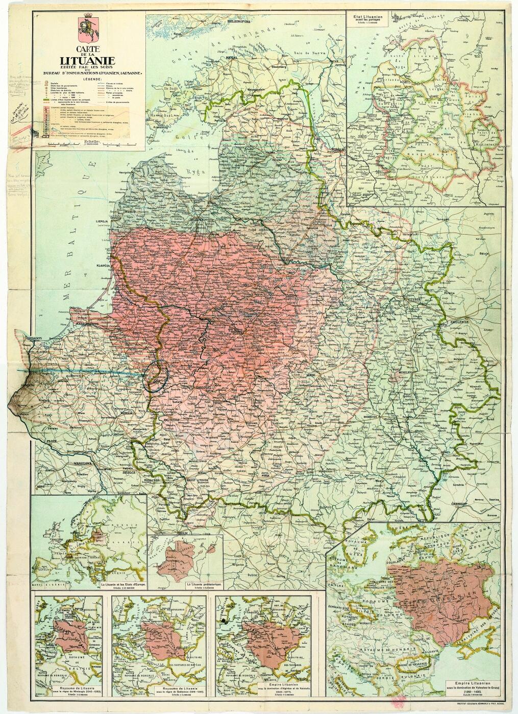 Lietuvos žemėlapis, išleistas Lietuvių informacijos biuro Lozanoje pastangomis (Carte de la Lituanie editée par les soins du Bureau d’Informations lituanien, Lausanne). M 1: 1 500 000. [Parengė V. Daumantas.] Bern: Kummerly & Frey [1917.]