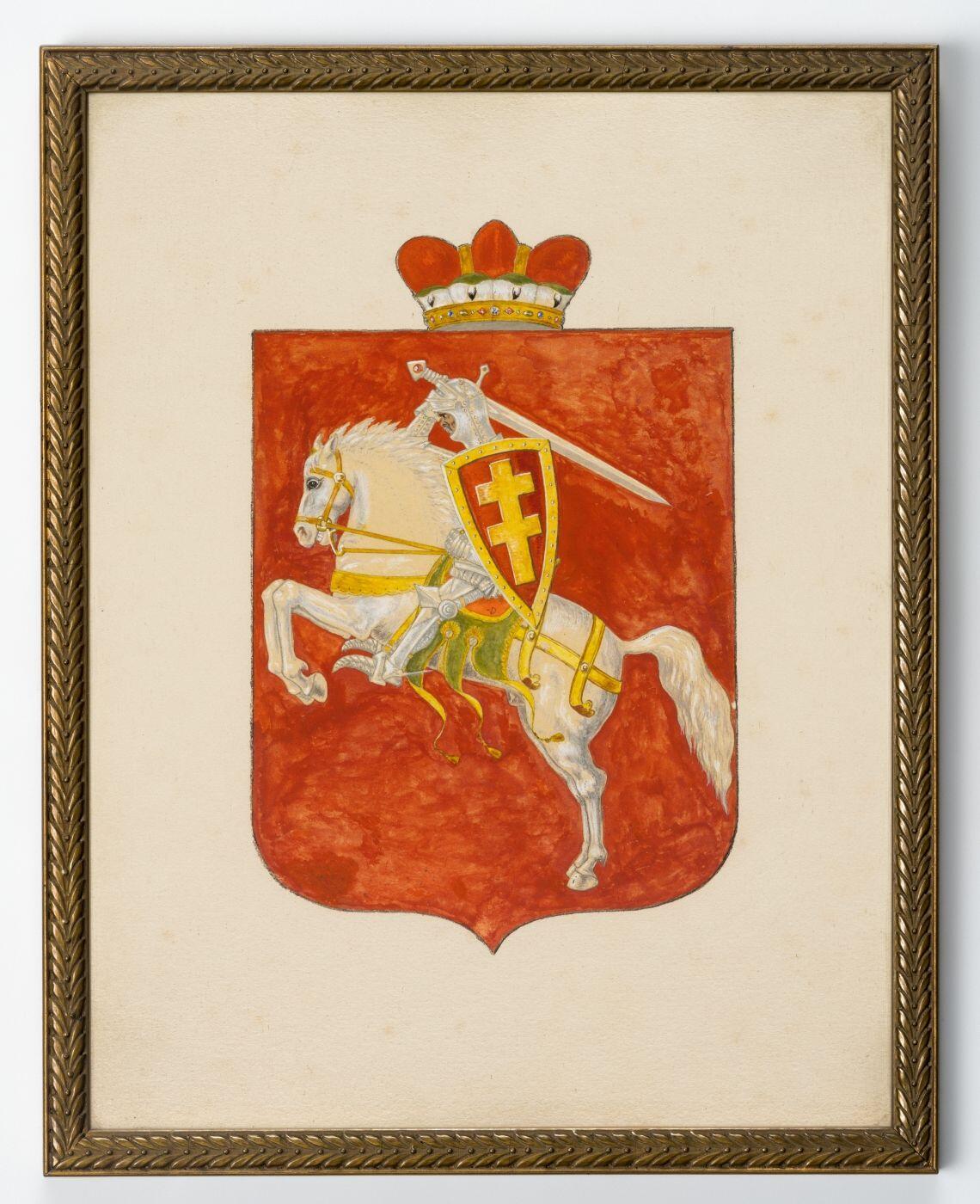 Vladas Daumantas (1885–1977). Valstybės   herbas – Vytis. Autoriaus signatūra VD ant  balno. Popierius, grafitas, guašas, akvarelė.  1917 m. (Lozanoje įrėmintas, įstiklintas).