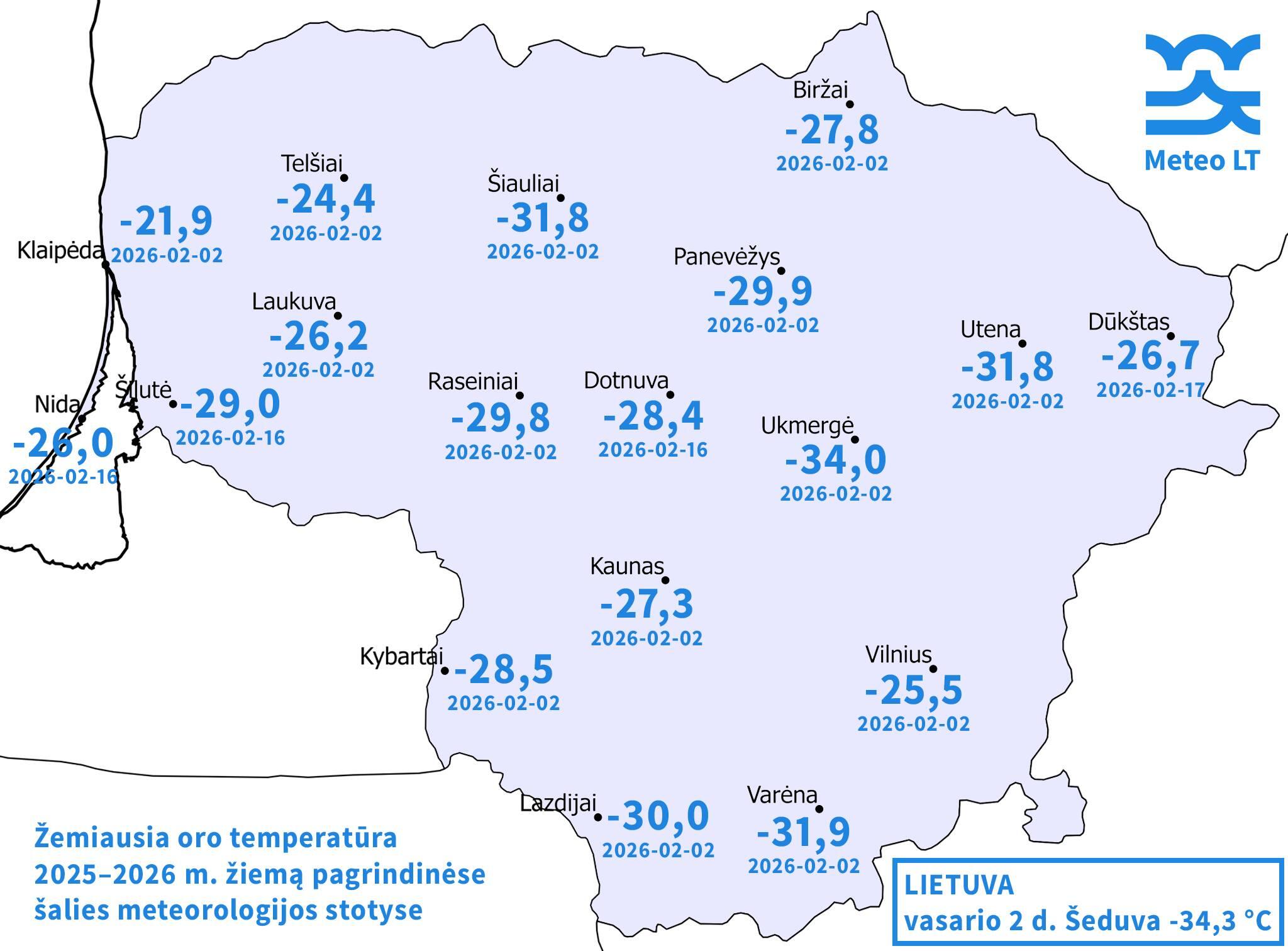 Pateiktame žemėlapyje galite matyti žemiausią oro temperatūrą išmatuotą 2025–2026 m. žiemą ir datą, kuomet nurodyta reikšmė buvo užfiksuota. Daugelyje šalies vietų šalčiausia buvo vasario 2-osios naktį–rytą. Vietomis – vasario 16 ir 17 d. naktimis. 