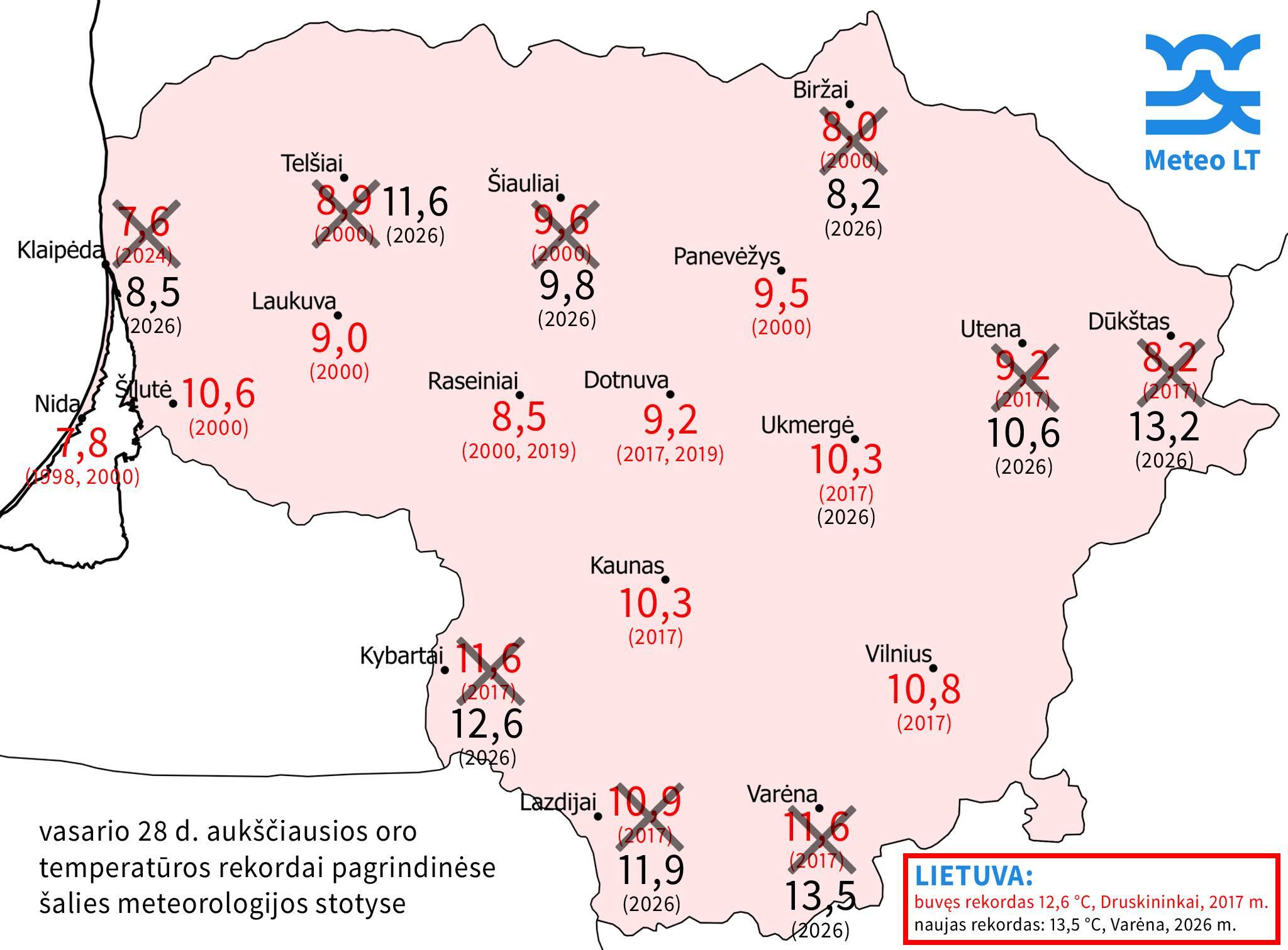 Pateiktame žemėlapyje – vasario 28 d. aukščiausios oro temperatūros rekordai. Juoda spalva – vietovės, kuriose buvo išmatuoti nauji šilumos rekordai, raudona – nepakitę rekordai, t. y. atitinkamą dieną buvo vėsiau, todėl iki rekordo šiek tiek trūko.