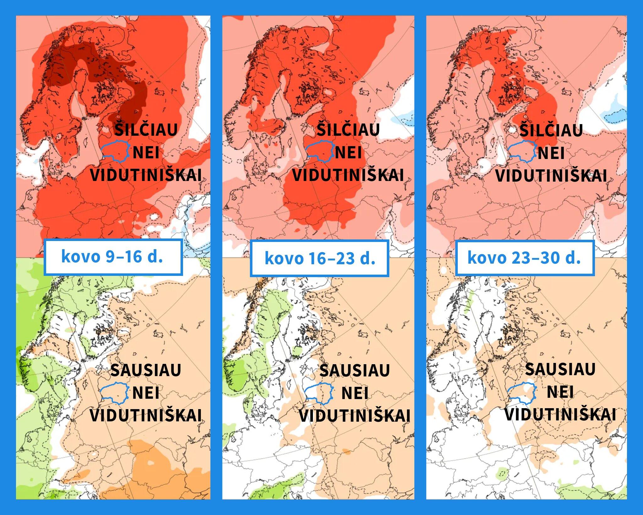 Žemėlapiuose: ECMWF modelio oro temperatūros (viršuje) ir kritulių kiekio (apačioje) anomalijų prognozės artimiausioms savaitėms.