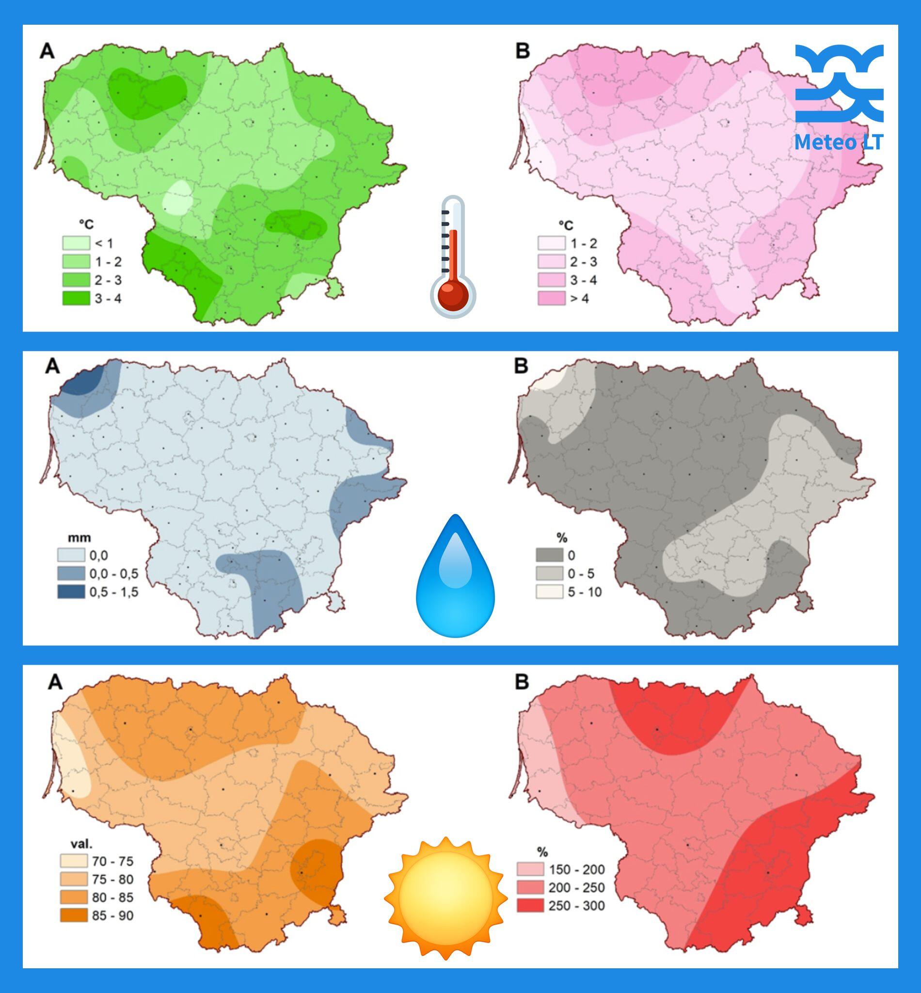 Žemėlapiuose: kairėje (A) – kovo mėn. pirmojo dešimtadienio vidutinė oro temperatūra (°C), kritulių kiekis (mm) ir Saulės spindėjimo trukmė (val.). Dešinėje (B) – nuokrypiai nuo standartinės klimato normos.