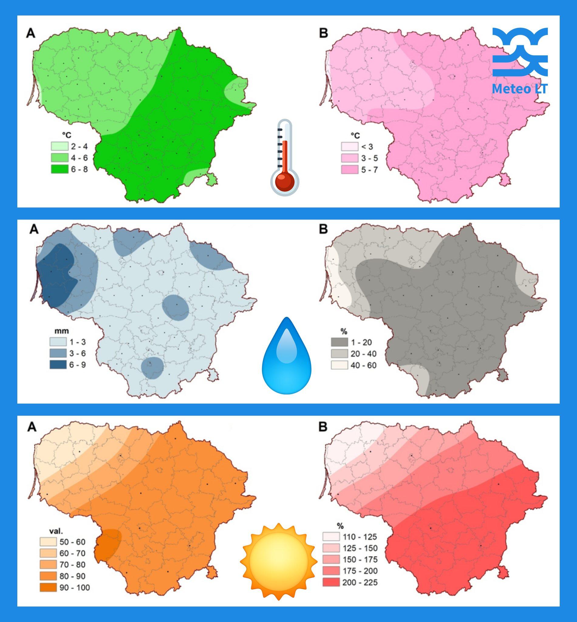 Žemėlapiuose: kairėje (A) – kovo mėn. antrojo dešimtadienio vidutinė oro temperatūra (°C), kritulių kiekis (mm) ir Saulės spindėjimo trukmė (val.). Dešinėje (B) – nuokrypiai nuo standartinės klimato normos.