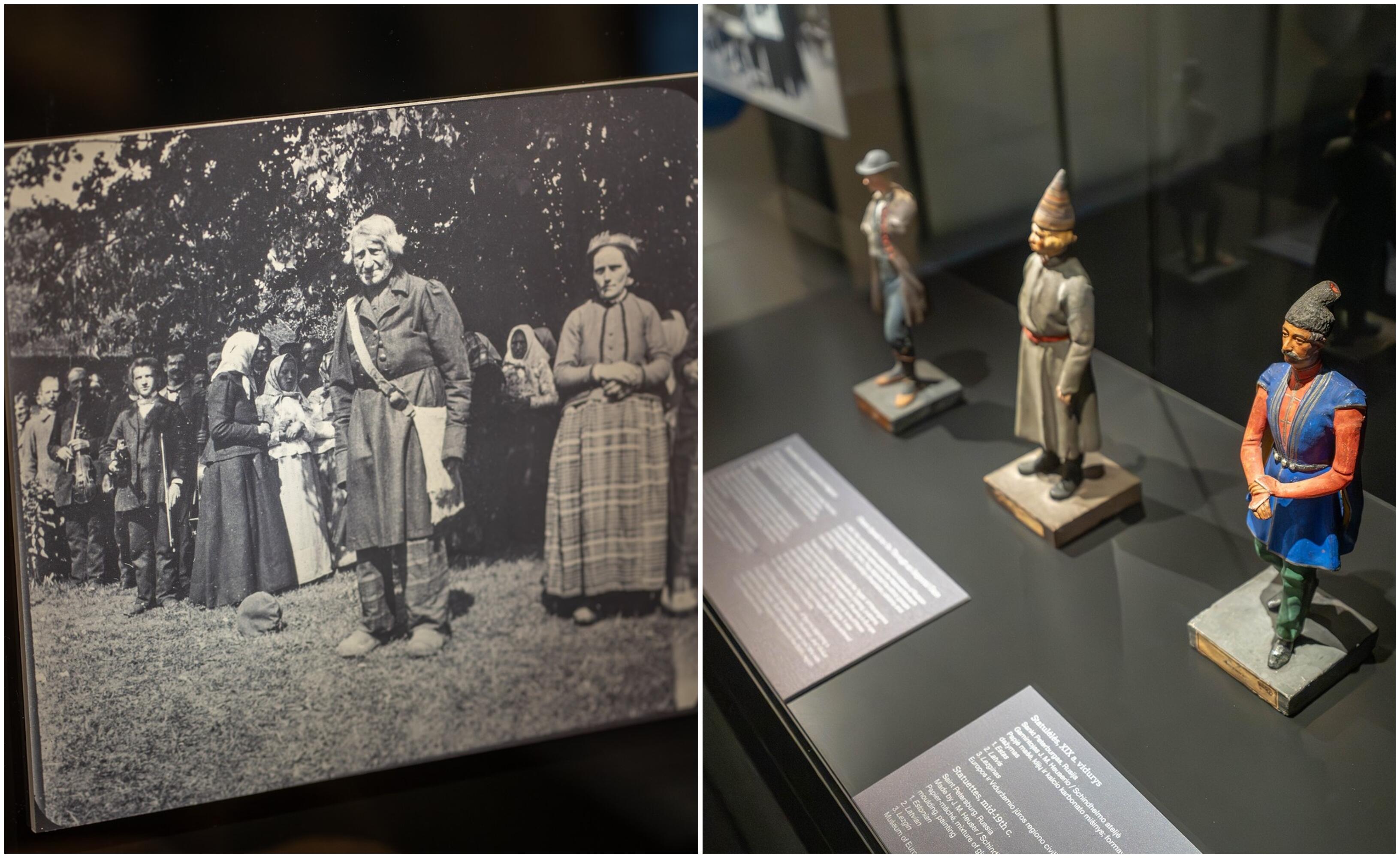 Detalės: tarp parodos eksponatų– 1904 m. J. de Baye fotografuotos vestuvių Žemaitijoje nuotraukos, įvairias Rusijos imperijos tautas vaizduojančios statulėlės.