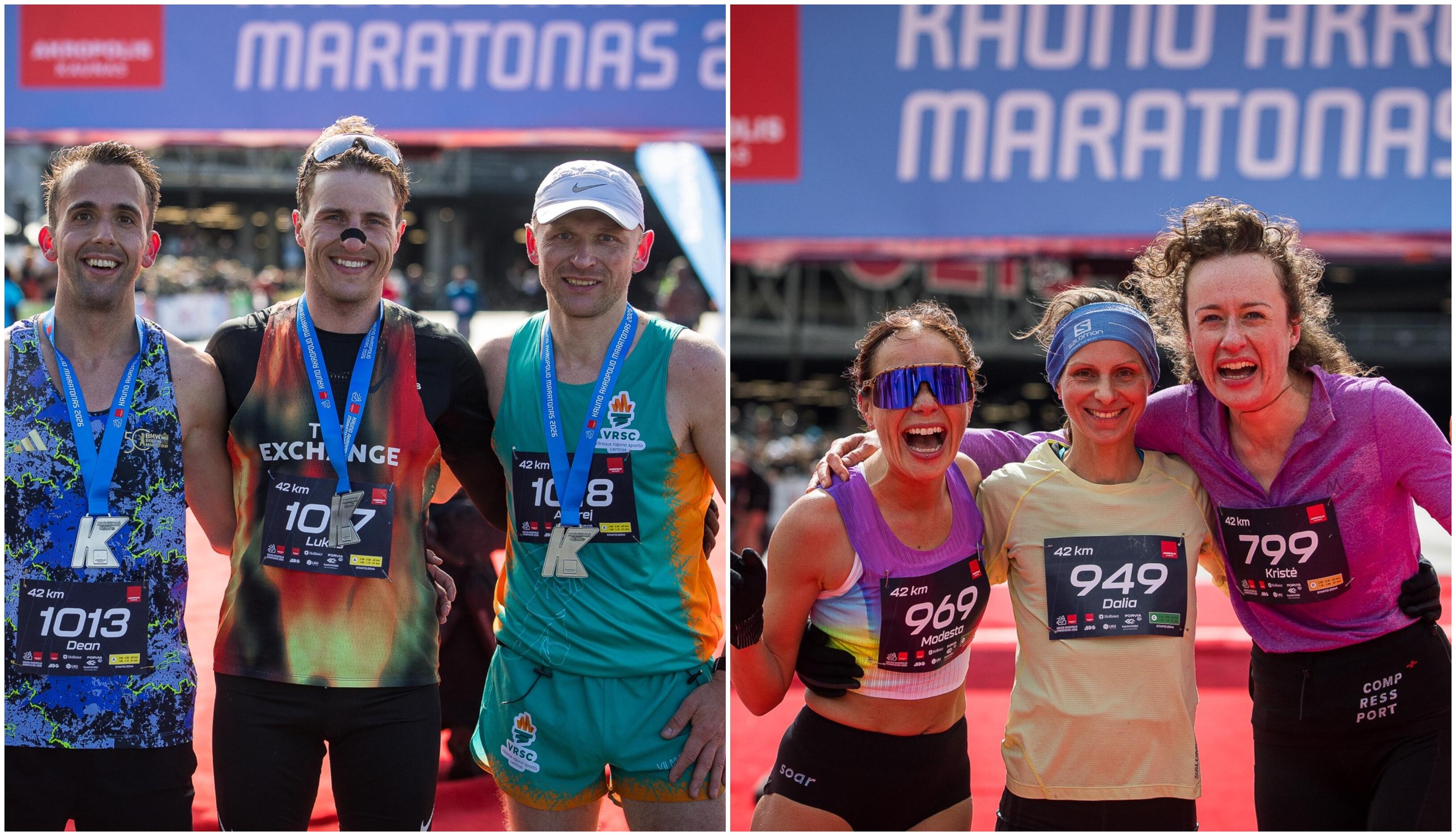 Trijulės: maratono prizininkai (iš kairės) D. Sauthoffas, L. Tarasevičius ir A. Jegorovas, prizininkės (iš kairės) M. Bužerytė, D. Kampa ir K. Hincaitė.