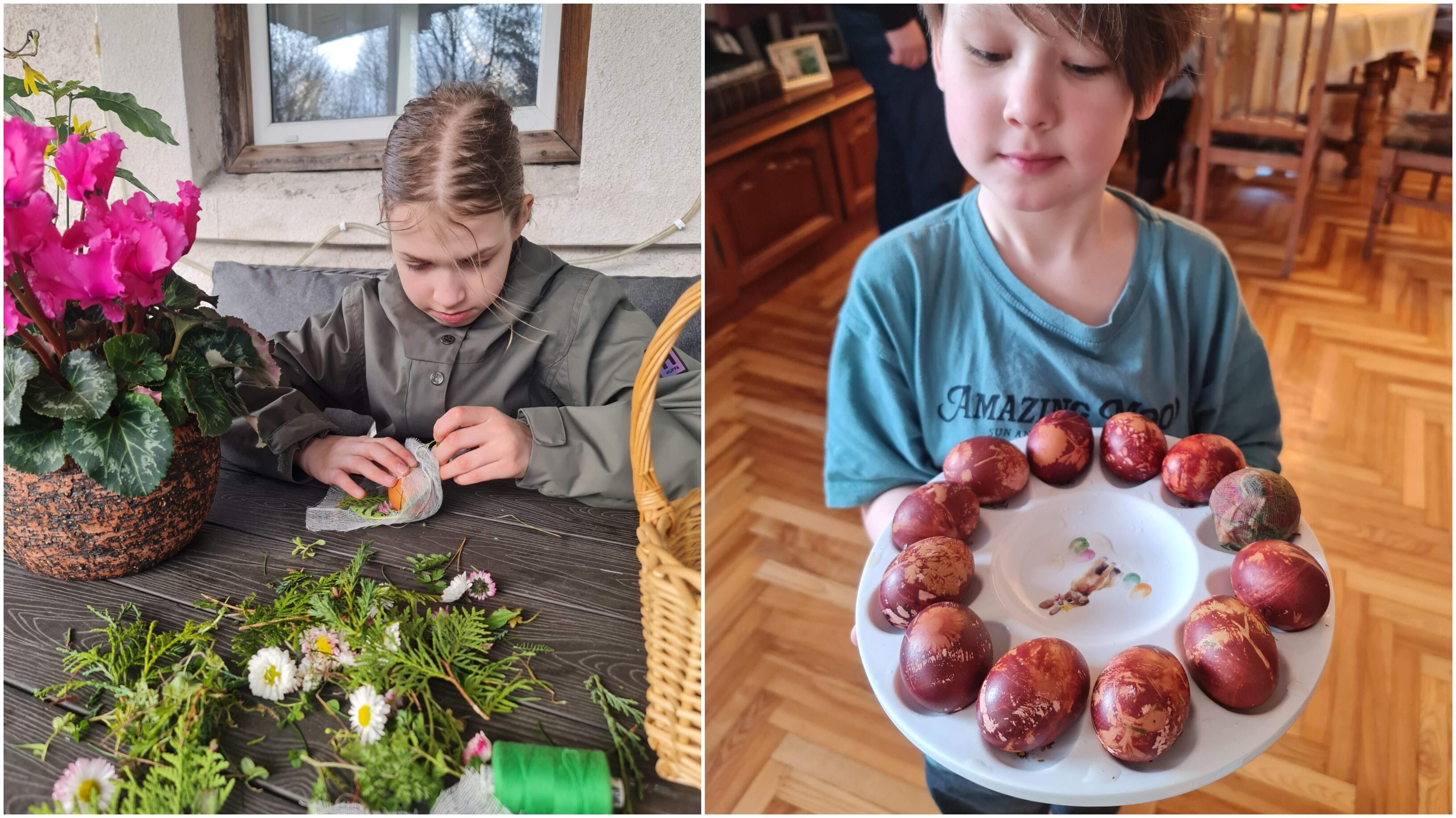 Tradiciškai: mažesnieji vaikai kiaušinius aplipdo žolytėmis, didesni anūkai margina vašku.