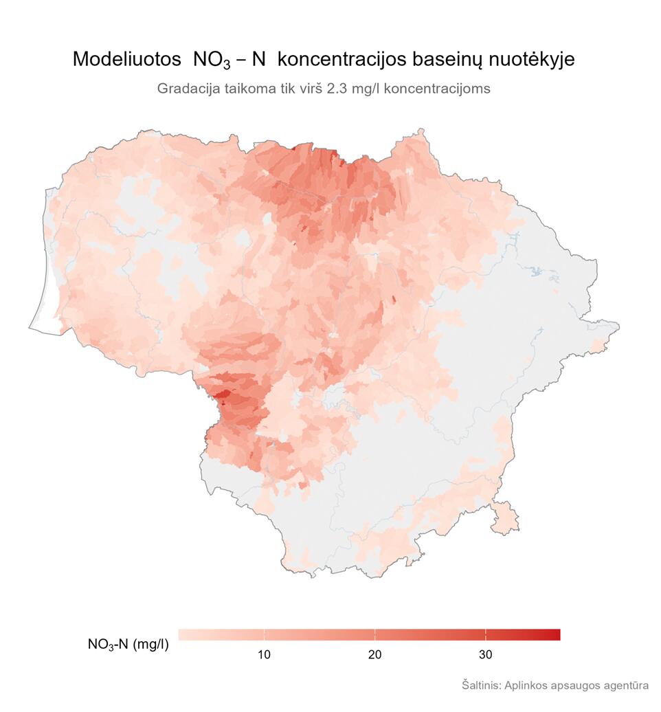 Modeliuotos nitratinio azoto koncentracijos (mg/l) baseinų nuotėkyje.