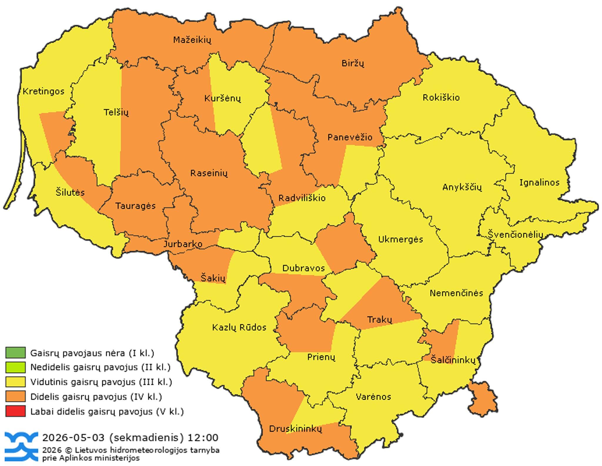 Žemėlapyje – miškų gaisringumas VĮ Valstybinių miškų urėdijos regioninių padalinių veiklos teritorijose. Kuo aukštesnė klasė, tuo miškų gaisringumas didesnis.