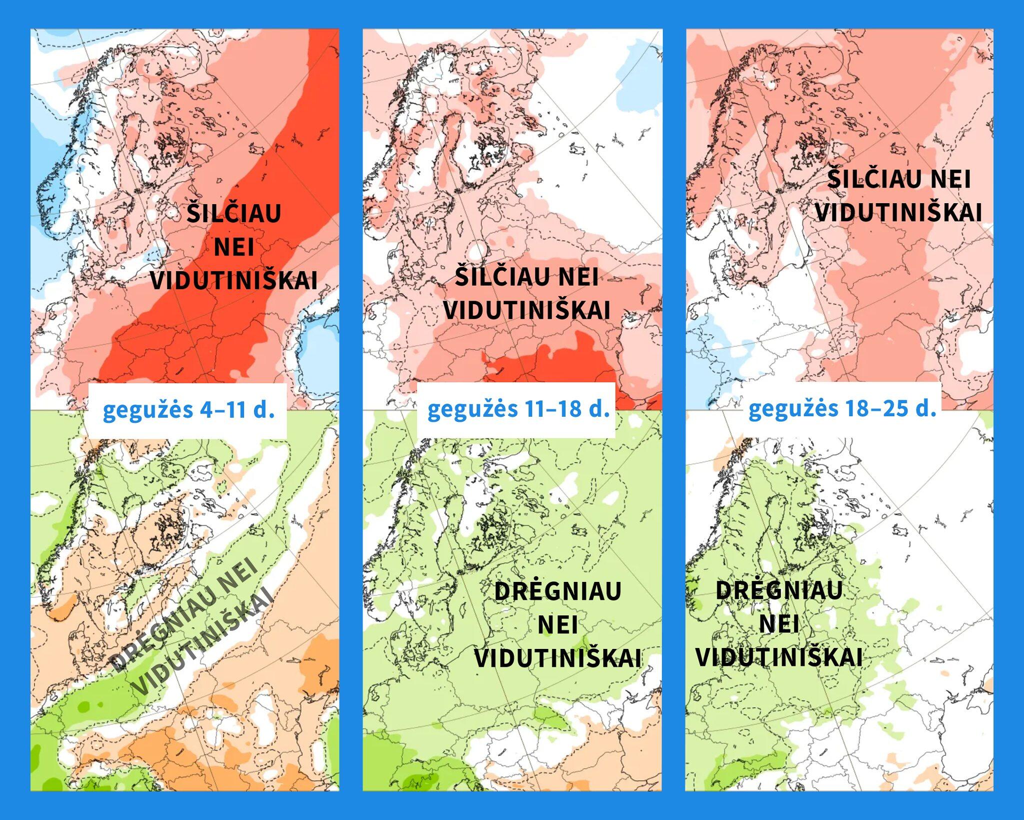 Žemėlapiuose: ECMWF modelio oro temperatūros (viršuje) ir kritulių kiekio (apačioje) anomalijų prognozės artimiausioms savaitėms.