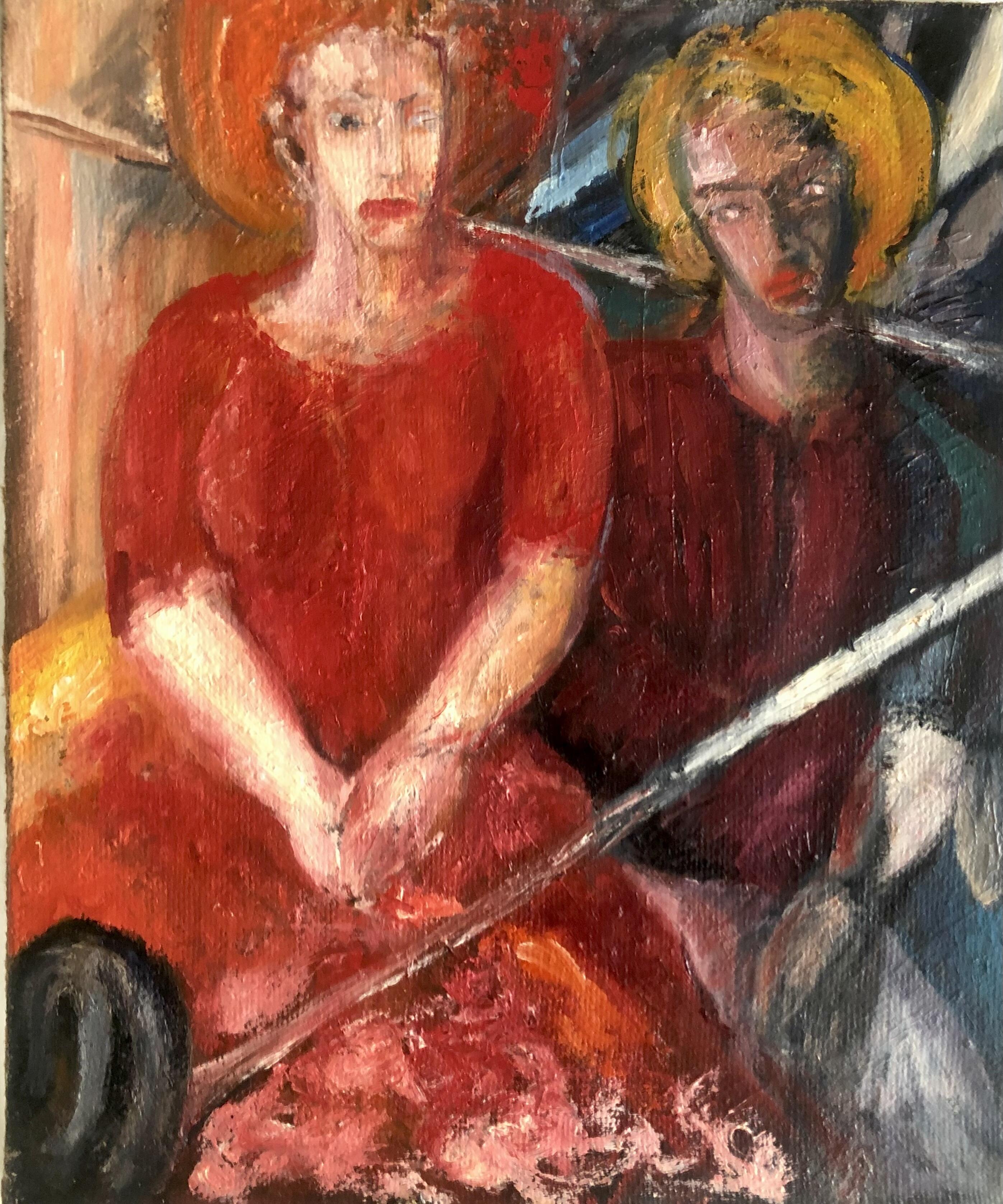 Raudonoji moteris ir berniukas.1990–1992. Aliejus, drobė. 73x60, 3cm.