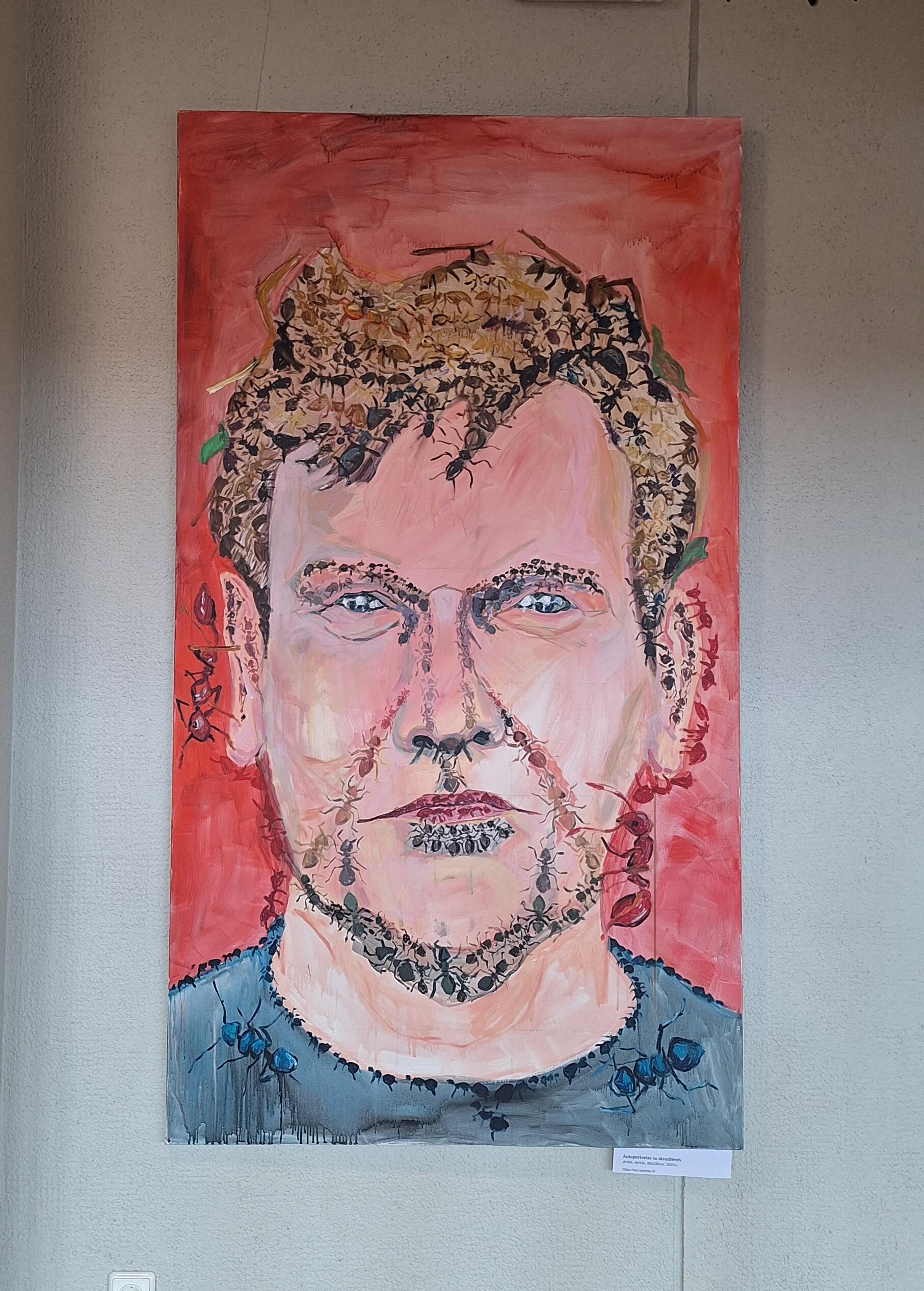 Autoportretas su skruzdėlėmis.  Drobė, akrilas. 80 x 180. 2025 m.