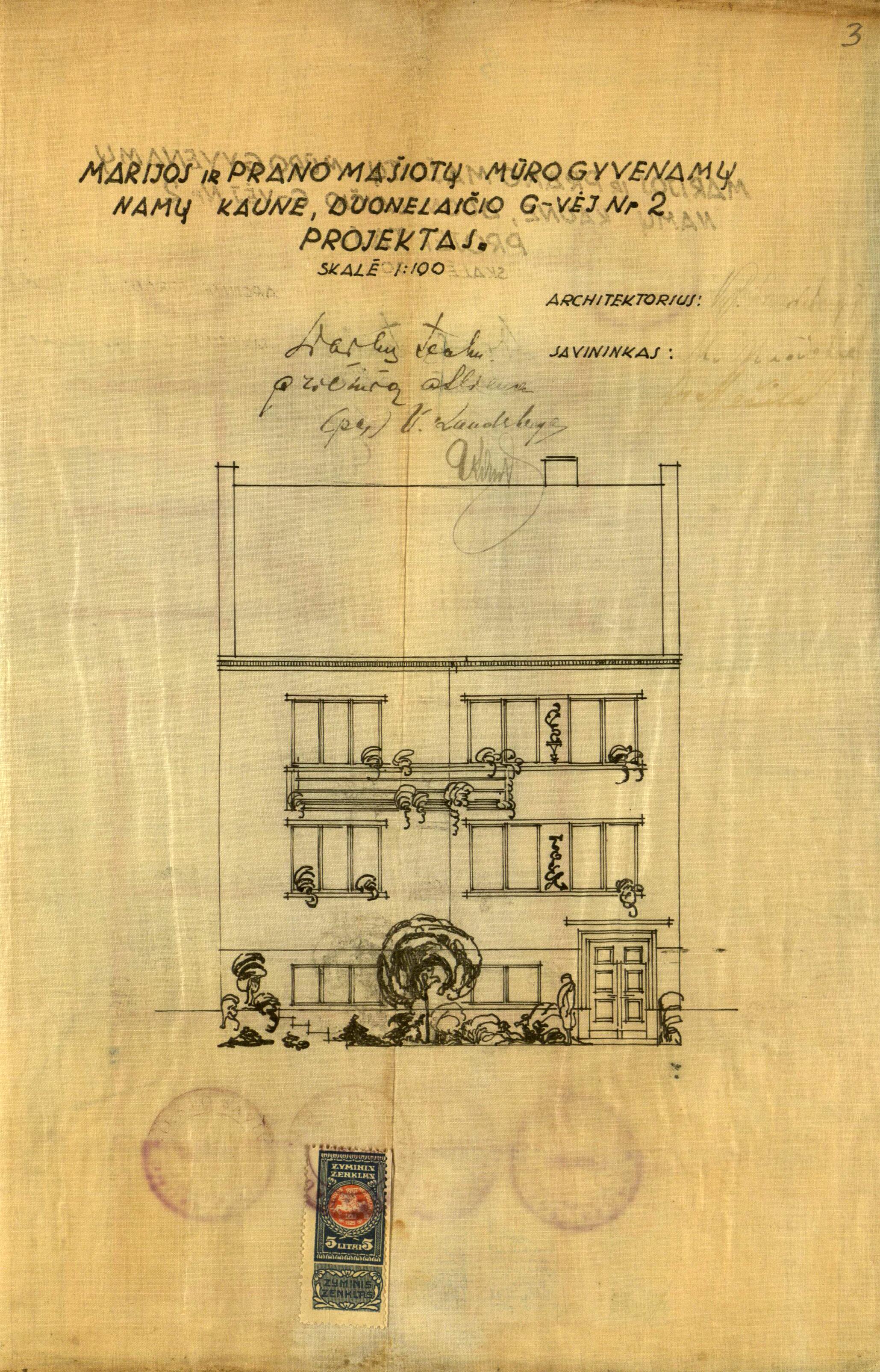Marijos ir Prano Mašiotų mūrinio gyvenamojo namo Kaune, K. Donelaičio g. 2, projektas. Projektas ir techninė priežiūra arch. V. Landsbergis. Fasadas. 1931 07 21.