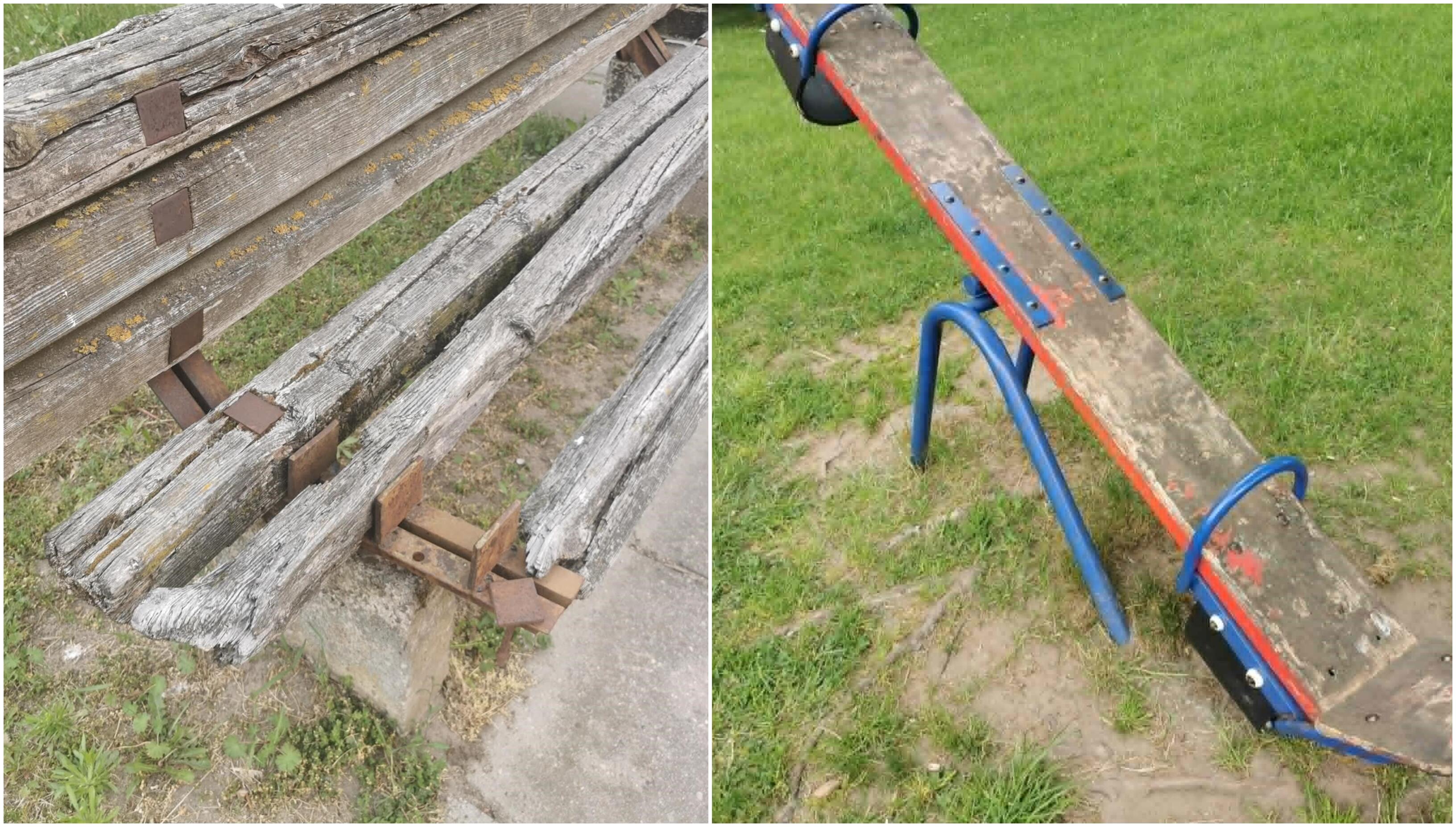 Apmaudas: dalis įrangos yra nusidėvėjusi, sulūžusi ir atrodo nesaugiai.