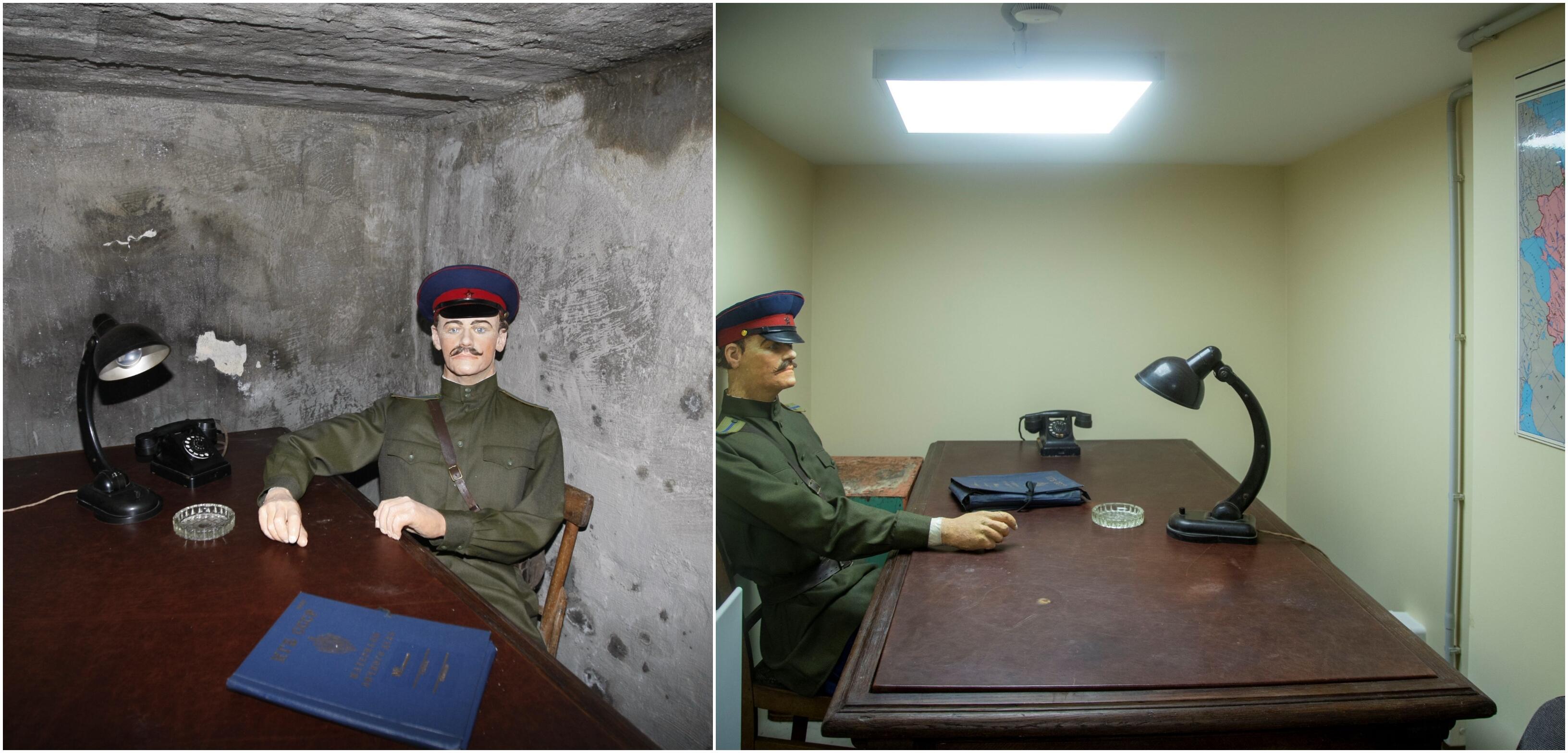Palyginimui: prieš muziejaus patalpų remontą buvusio sovietų jėgos struktūrų kalėjimo aplinka labiau priminė tą, kuri čia gyvavo pokaryje, štai taip tardymo kamera atrodo po remonto (dešinėje).