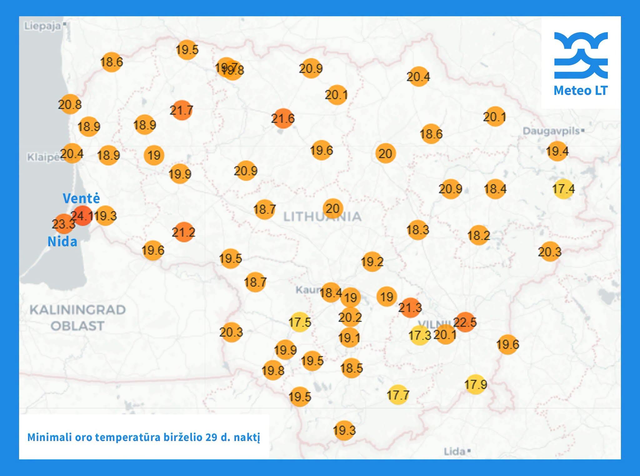 Žemėlapyje – birželio 29 d. nakties minimali oro temperatūra.