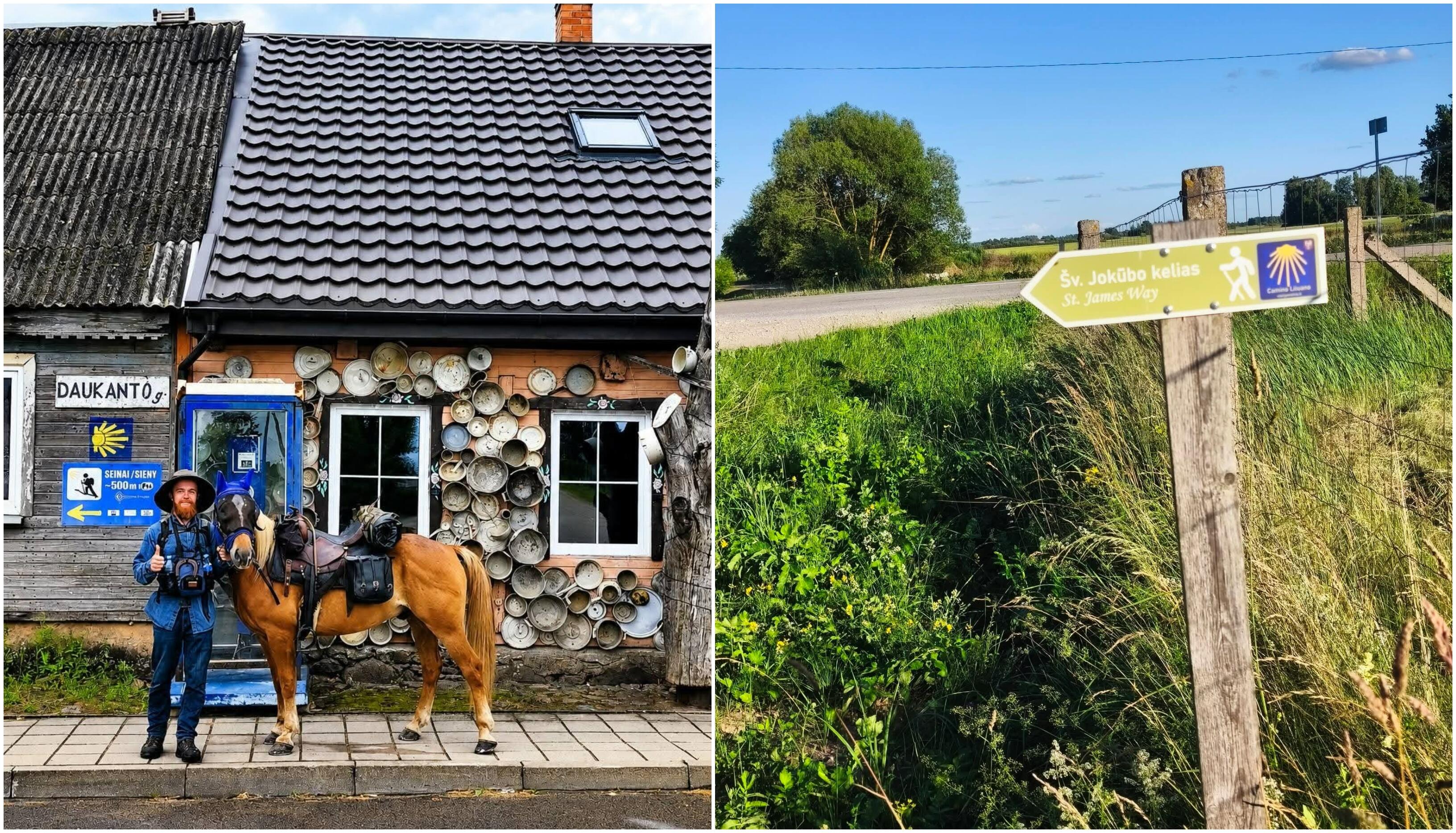 Startas: ši nuotrauka daryta Žagarėje, prie Edmundo Vaičiulio Puodų namo. Ant sienos matosi „Camino Lituano“ (Šv. Jokūbo kelio) ženklas – geltona kriauklytė mėlyname fone. Jos ir rodo kelionės kryptį. 
