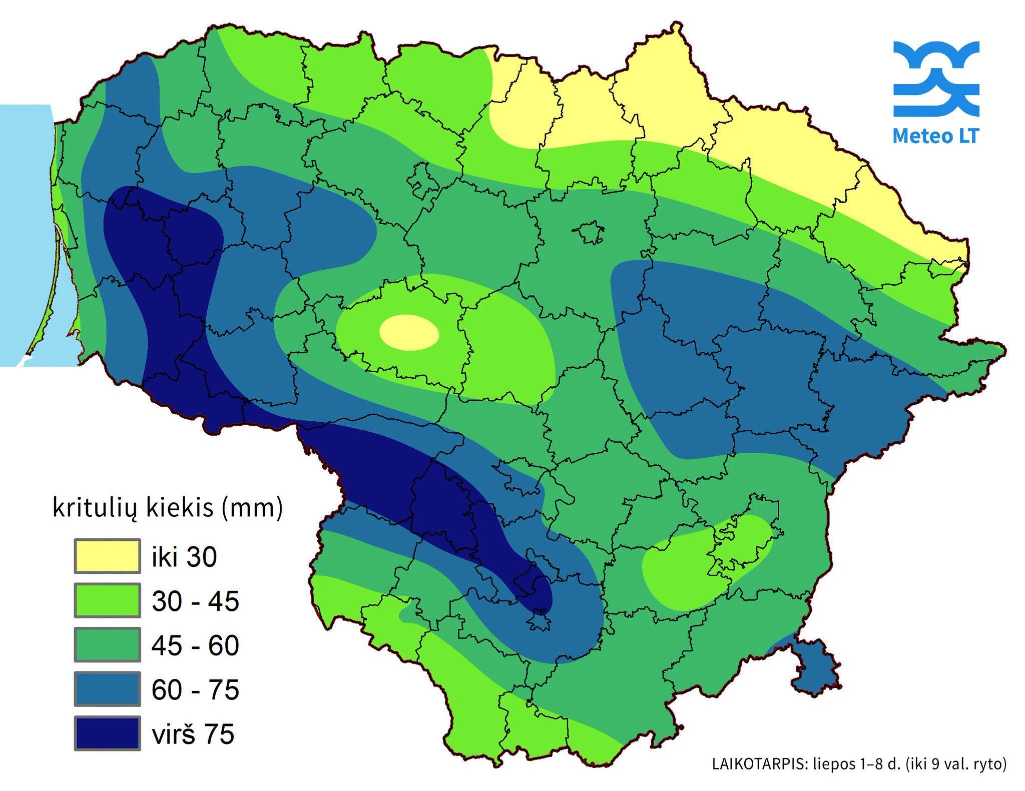 Žemėlapis sudarytas iš 55 matavimo taškų, tačiau dėl buvusių lokalių liūčių gali pasitaikyti netikslumų.