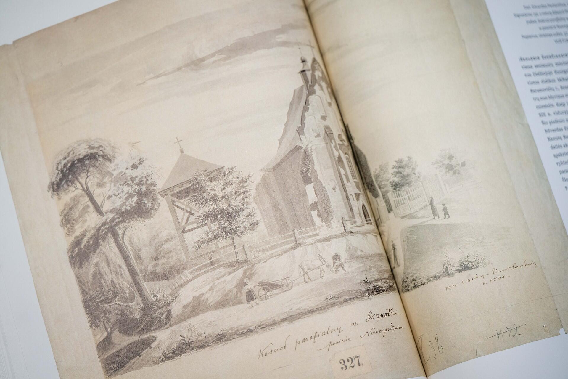 Fragmentas: E. Pavlovičiaus sukurtas parapinės Iškaldzio bažnyčios Naugarduko paviete atvaizdas, 1848 m.