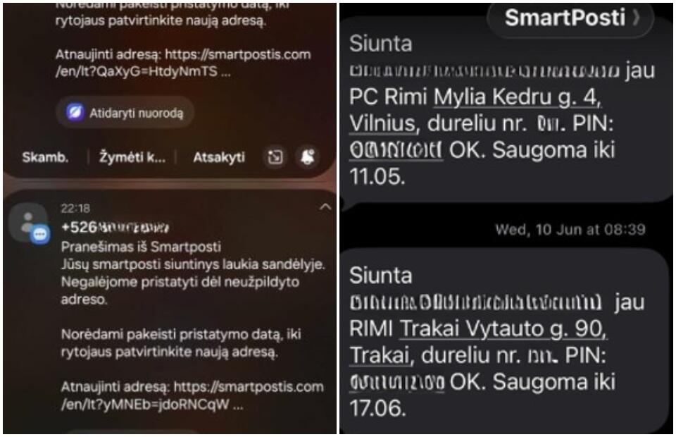 Iš kairės: sukčių žinutė ir tikra „SmartPosti“ žinutė