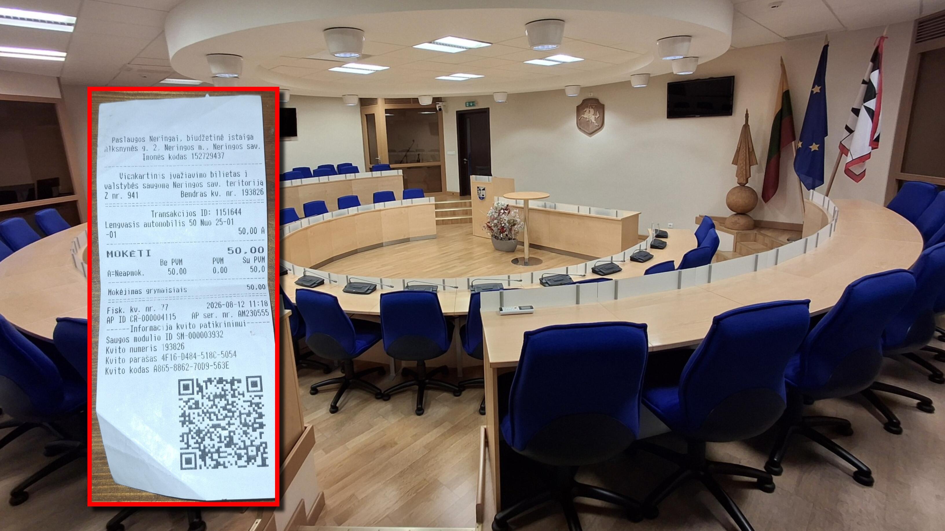 Pretenzija: vengras, nešinas 50 eurų kvituku už įvažiavimą į neriją, Neringos savivaldybėje ieškojo mero, tačiau radęs tik tuščią posėdžių salę, raštu pateikė pretenziją ir reikalauja pinigų.