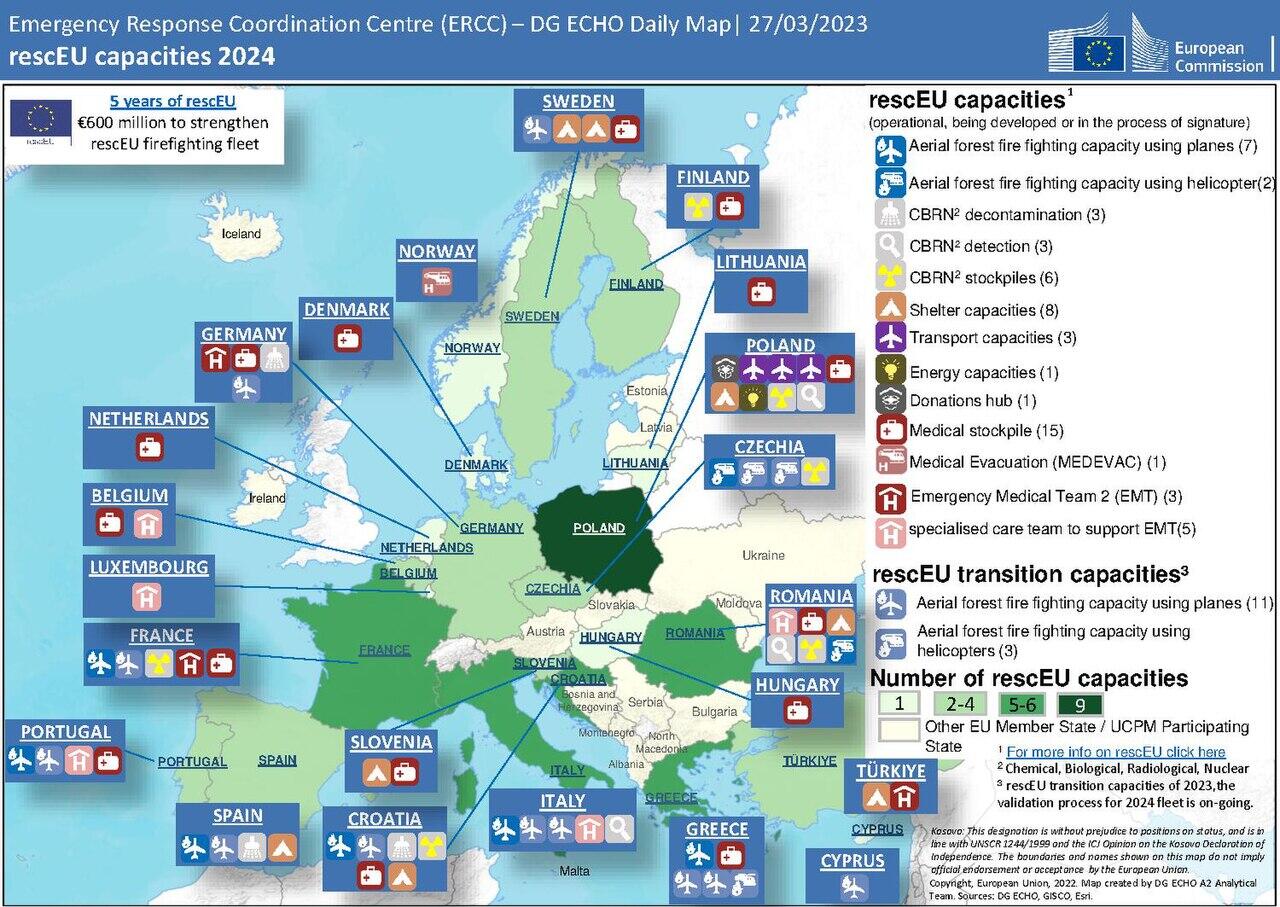 „rescEU“ pajėgumai Europoje. Šaltinis – Europos Komisija / Europos reagavimo į nelaimes koordinavimo centras (ERCC), 2024 m.