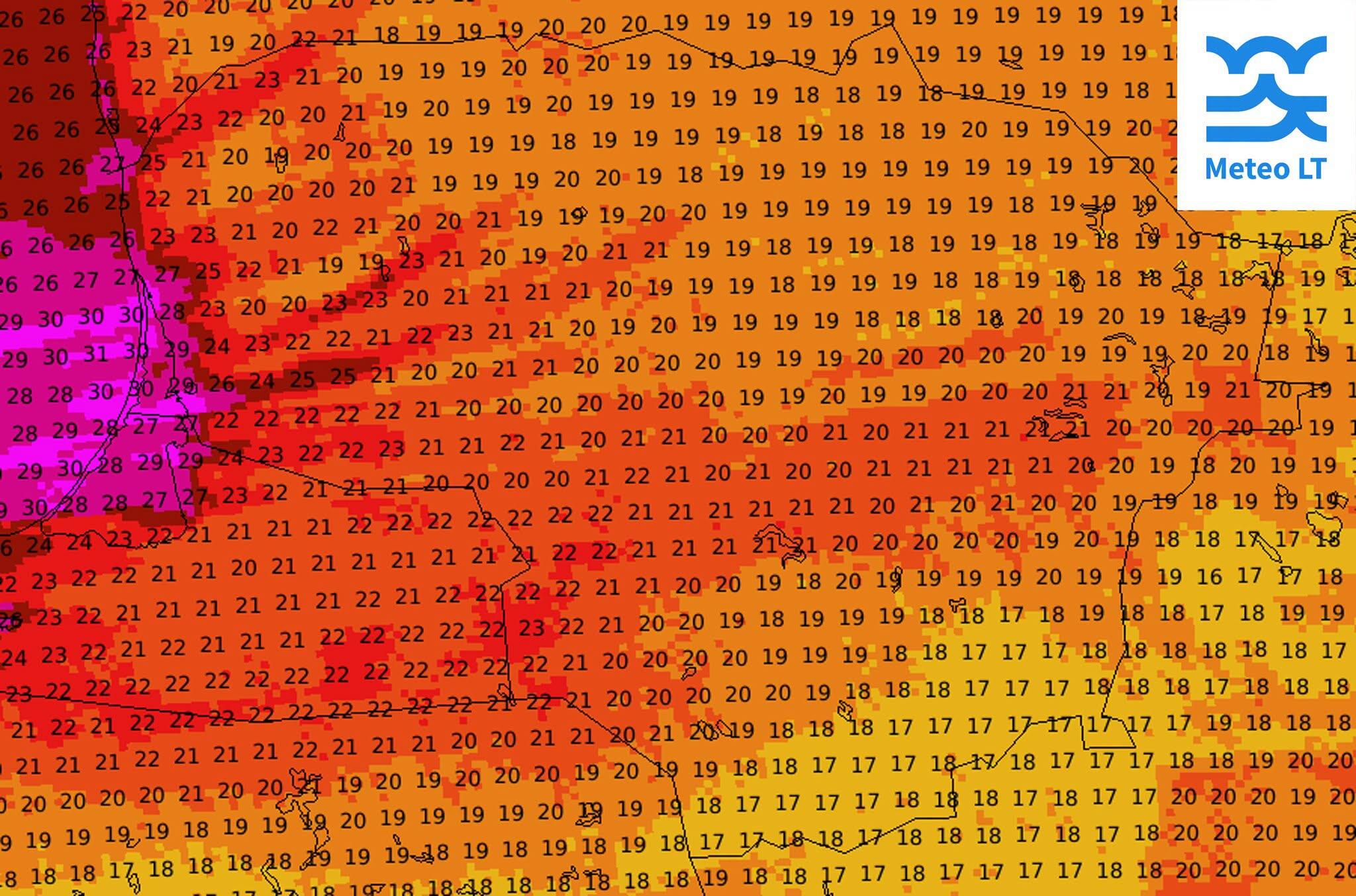 Žemėlapyje – vėjo gūsių prognozė penktadienio dienai (10 m aukštyje virš žemės paviršiaus).