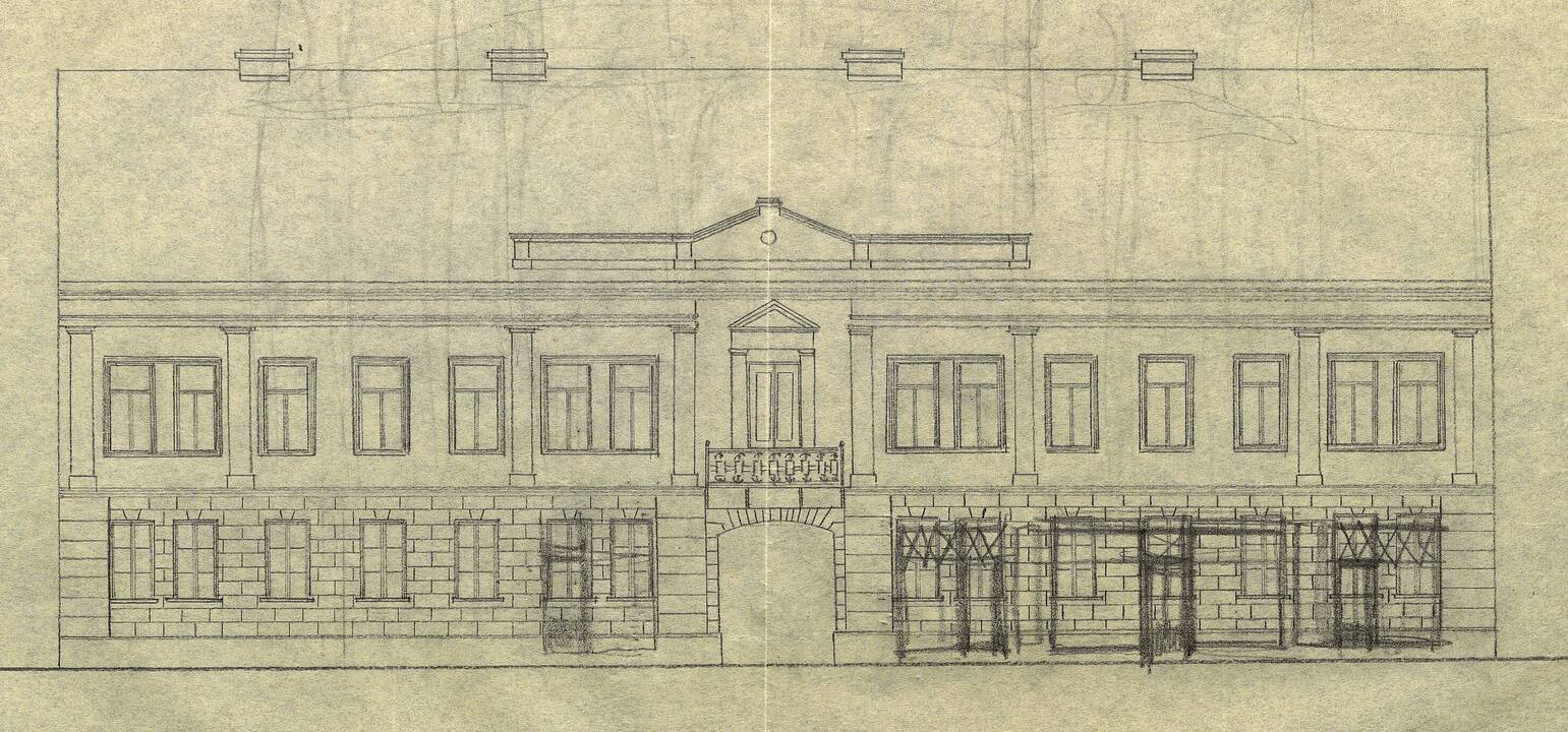 Lietuvos šaulių sąjungos rūmai Kaune, Laisvės al. 20. Fasadas. Vitrinų įrengimo eskizas arch. V. Dubeneckio.