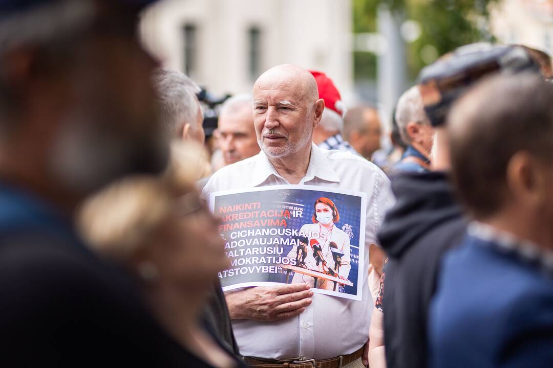 Protesto akcija prieš Baltarusijos opozicijos lyderės Cichanouskajos biurą Vilniuje