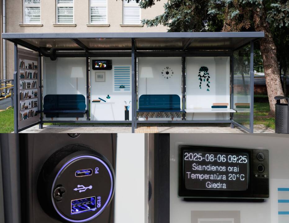 Technologijos: viešojo transporto stotelėje Jonavoje – oro prognozių ekranas ir USB jungtys.