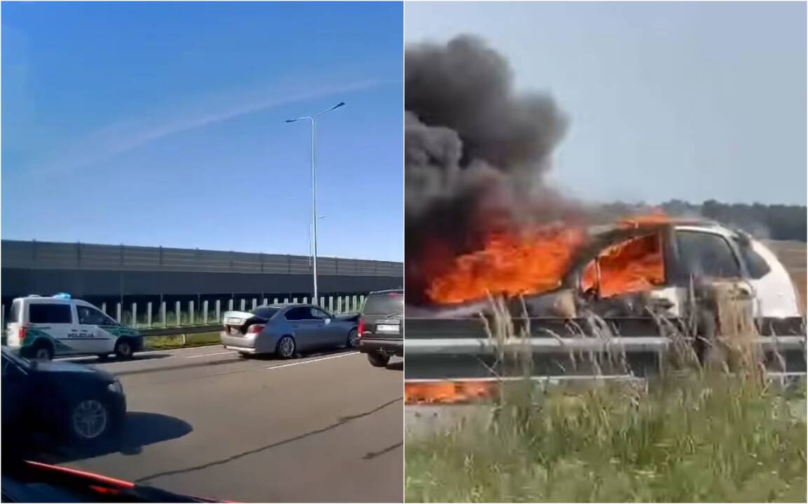 Kelyje A1 – avarijos ir liepsnojantis automobilis