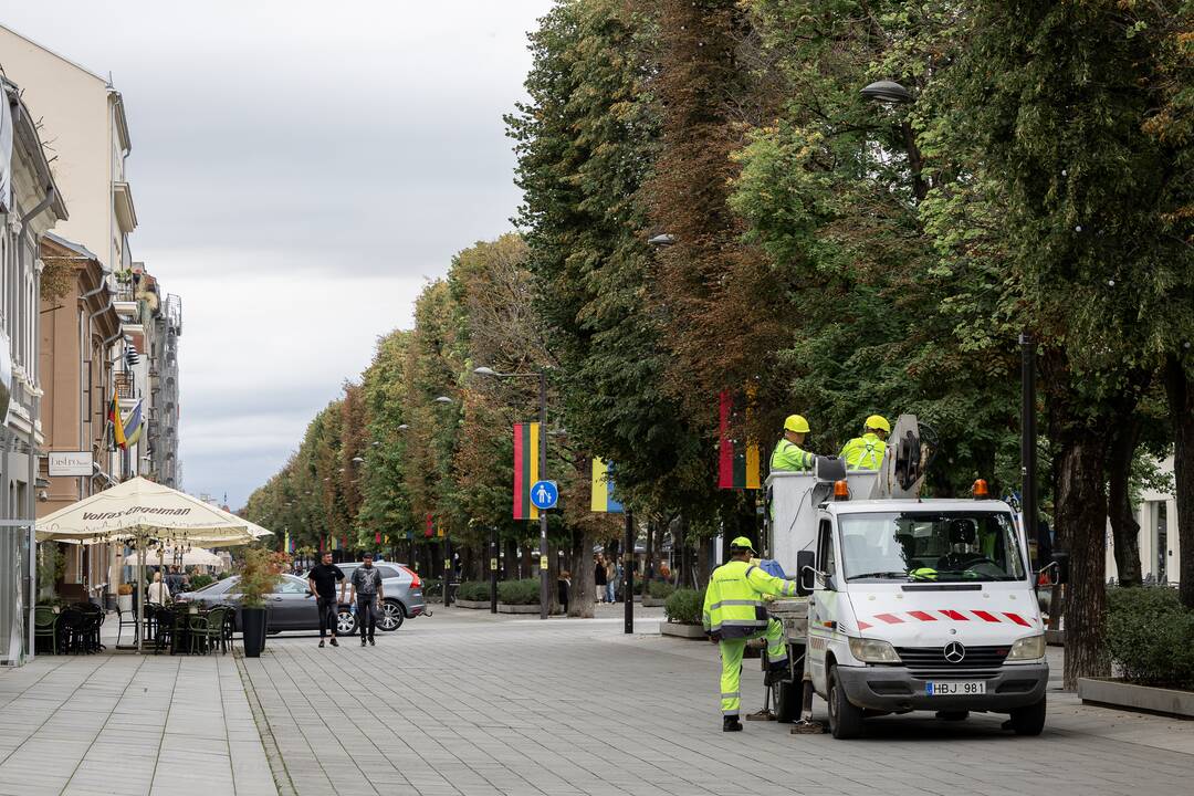 Laisvės alėjoje kabinamos Lietuvos ir Ukrainos vėliavos