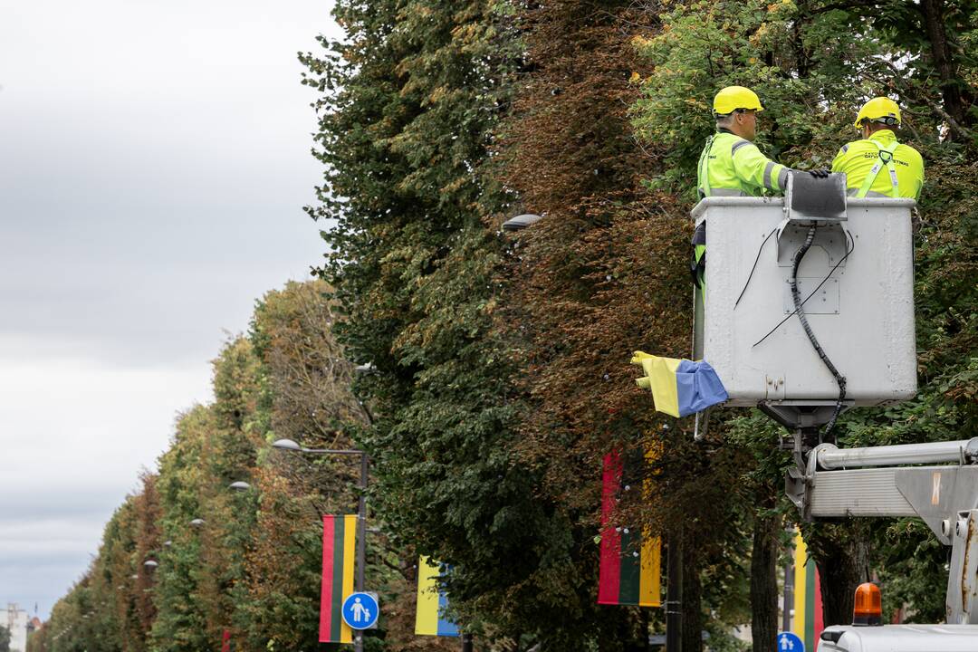 Laisvės alėjoje kabinamos Lietuvos ir Ukrainos vėliavos